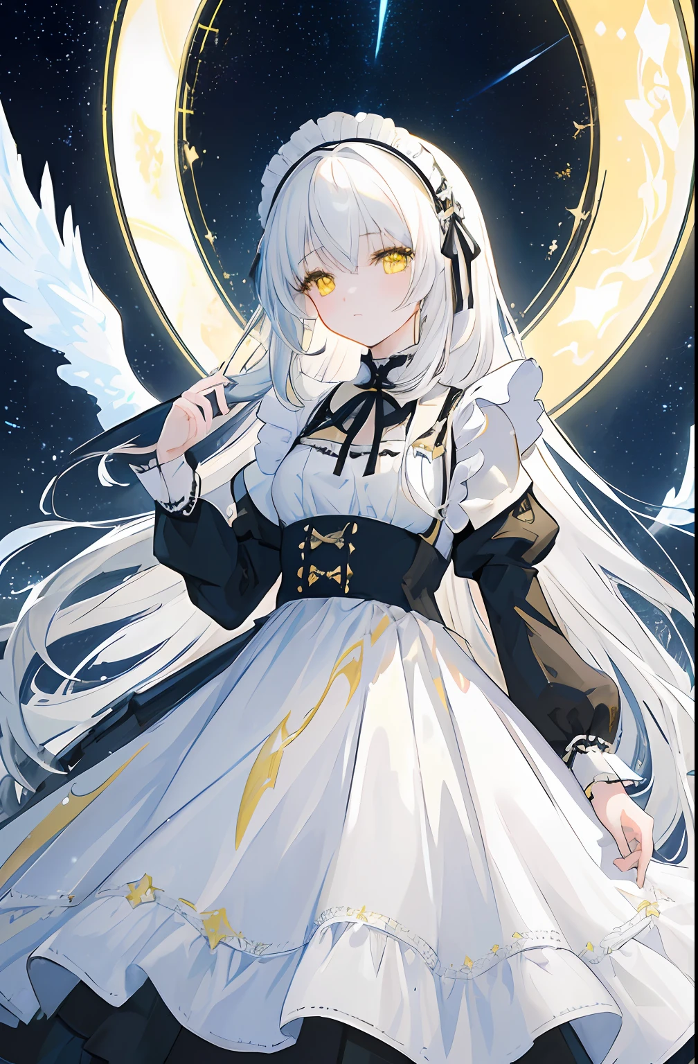 ((​masterpiece)), ((top-quality)), (The Amazing Dessinger), (best artist), (Best Illustrated Scenery), (best performance), (4K Full HD), (nffsw+), (1girl in) (long to)white  hair, (glowing yellow eyes), (astonishing)Starry side landscape painted in artistic and cinematic tones - Mayna Pastel Style - V5(anime illustrated)、maid clothes、Black and yellow headdress