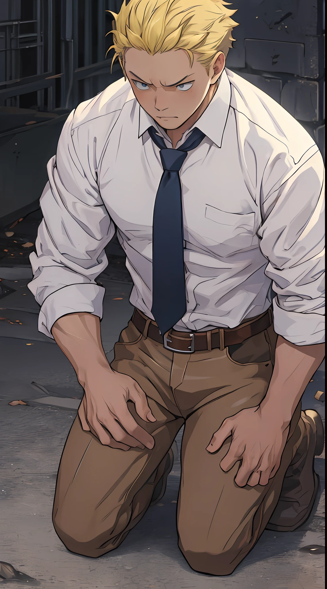 (1 Adult male),A high resolution, Sharp focus, Pixiv masterpiece, ((Complicated details)), highly detailed, natsuki_subaru, 1 man,Defeat, crestfallen,full bodyesbian,kneels on the ground, (A gesture of pleading),blue color eyes(eyes glowing), Short yellow hair,white shirt,Wear a tie,Wear a belt,perspire,look from down