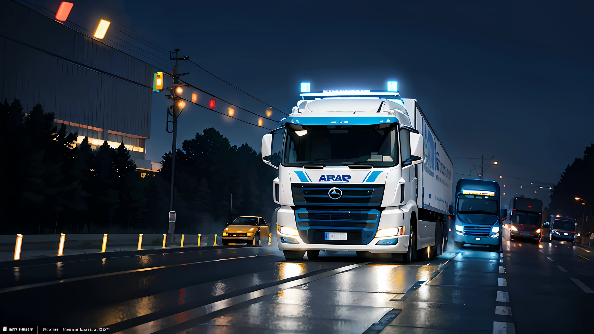 Araff trucks driving on blue-light roads, trucks, light transport simulation, digitally drawn, transportation design render, computer generated, cybertruck, photorender, The Car, author：Joseph Werner, artistation render, Artistic rendering, Light transportation, author：Wayne England, vehicle, rendering, mobile, fast, Hologram paint car, 8K，