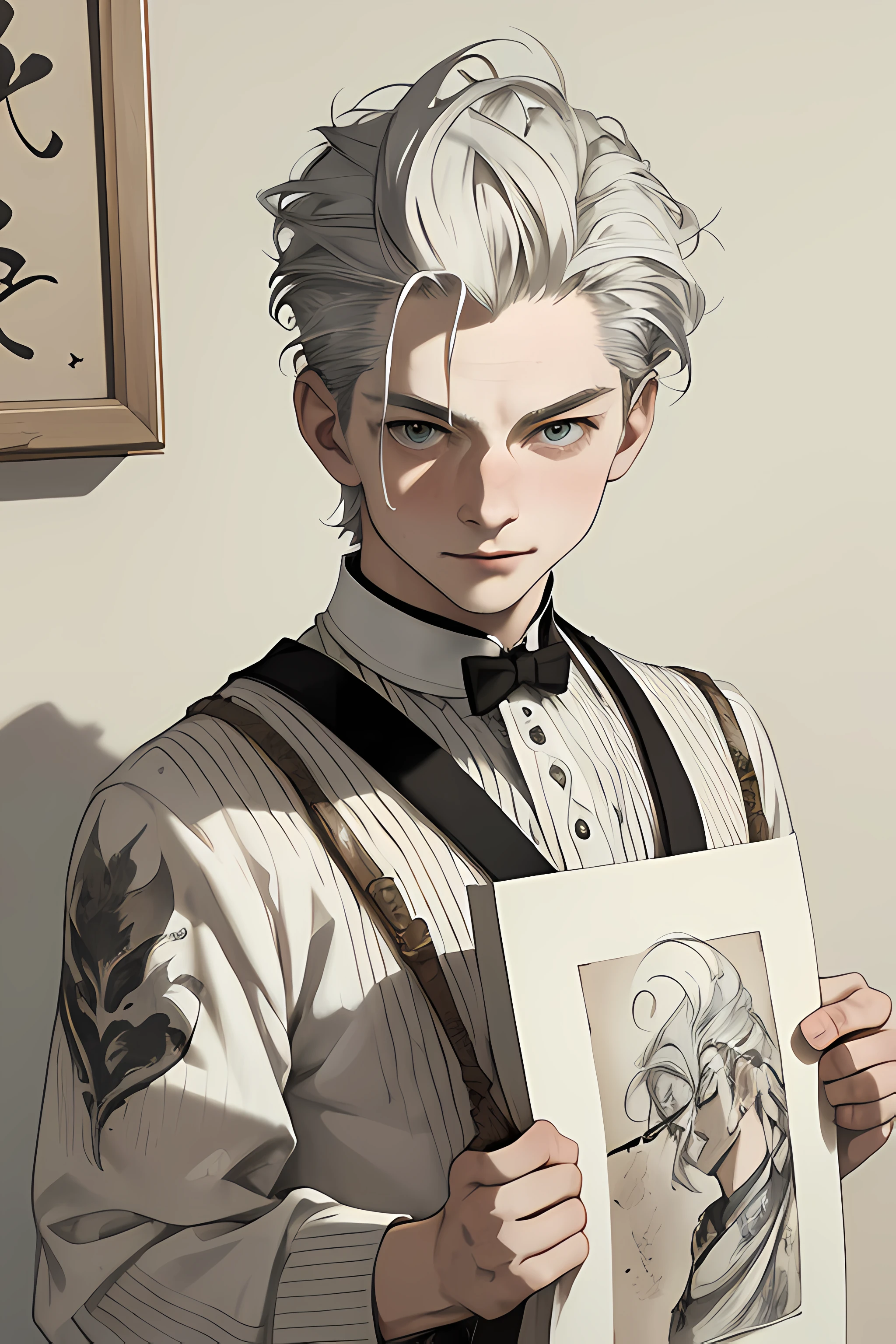 realistic, (best quality, masterpiece:1.3),1boy, solo,Design an image featuring beautiful calligraphy, with expressive lettering, elegant flourishes, and a sense of craftsmanship and skill.
silver hair,bright pupils, short hair, hair slicked back, expressionless,