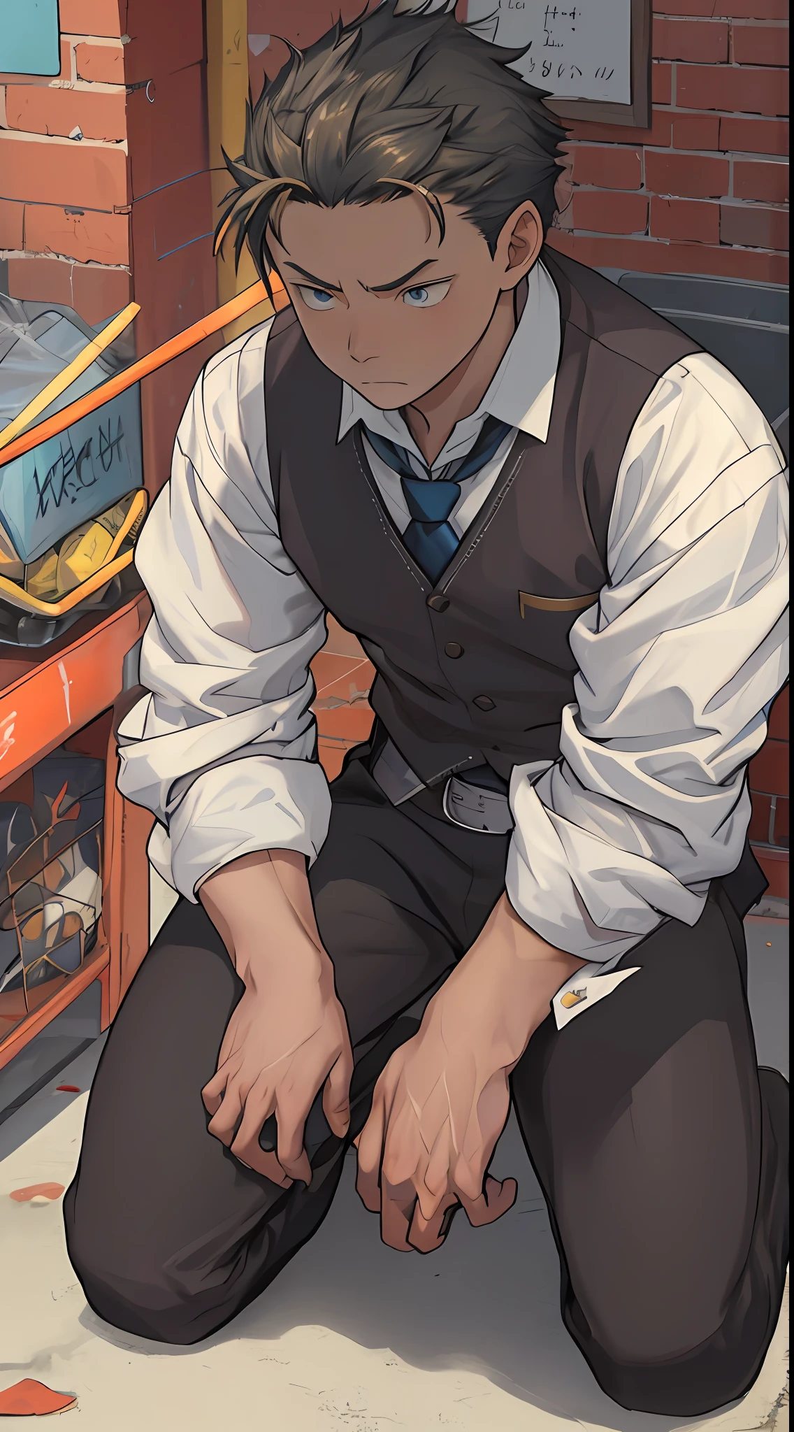 （1 Adult male），A high resolution， Sharp focus， Pixiv masterpiece， （（Complicated details））， highly  detailed， natsuki_subaru， 1 man，Defeat， crestfallen，full bodyesbian，kneels on the ground， （A gesture of pleading），blue color eyes（eyes glowing）， Short yellow hair，white  shirt，Wear a tie，Wear a belt，perspire，look from down