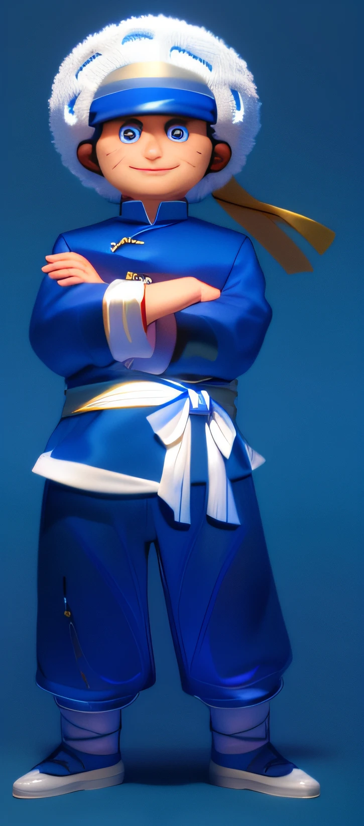A man in blue and a white hat,Chinese cuisine,hands crossed,white sash,Blue head rope,White hat,Handsome,Sharp eyes,3Drenderingof