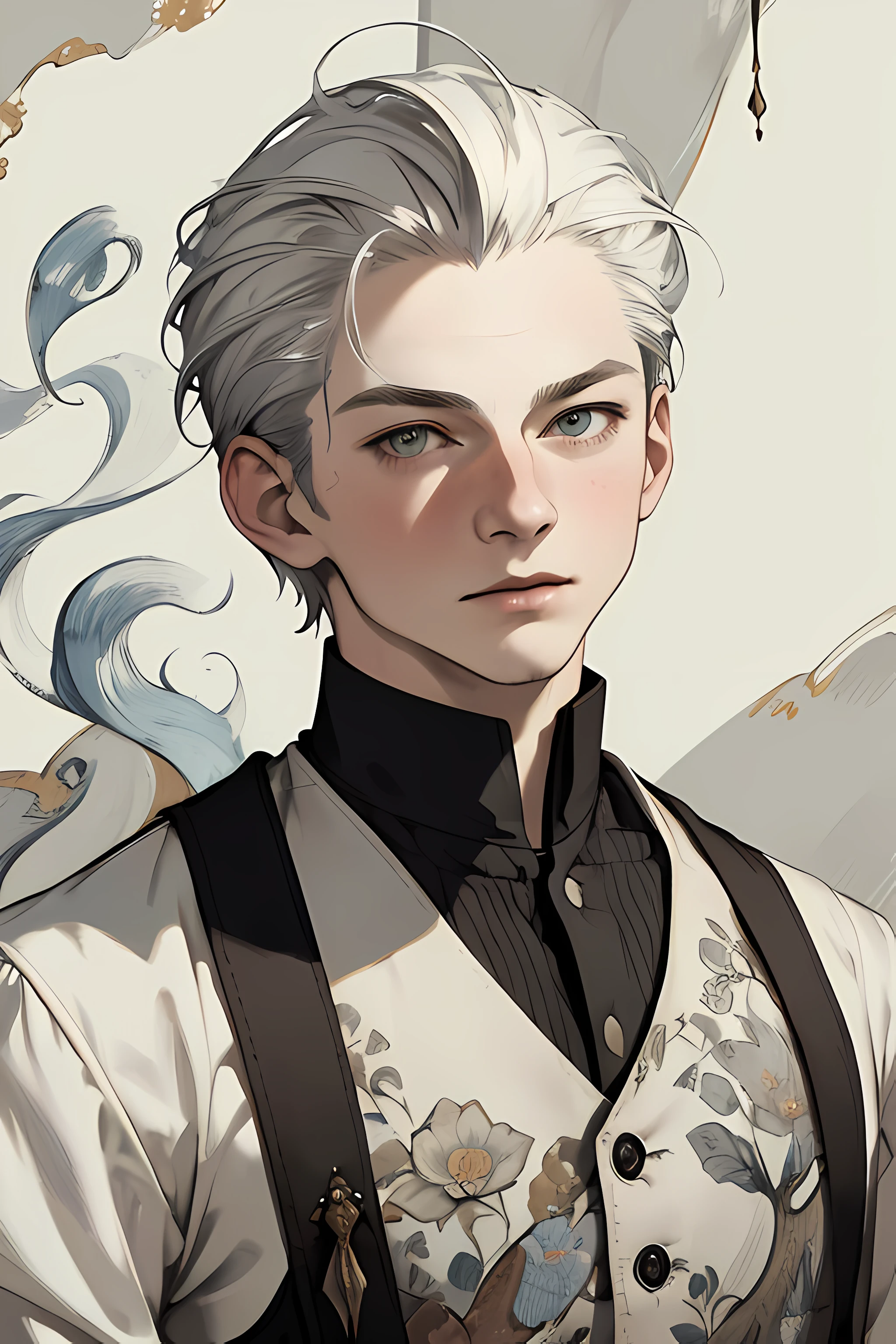 realistic, (best quality, masterpiece:1.3),1boy, solo,Design an image featuring beautiful calligraphy, with expressive lettering, elegant flourishes, and a sense of craftsmanship and skill.
silver hair,bright pupils, short hair, hair slicked back, expressionless,