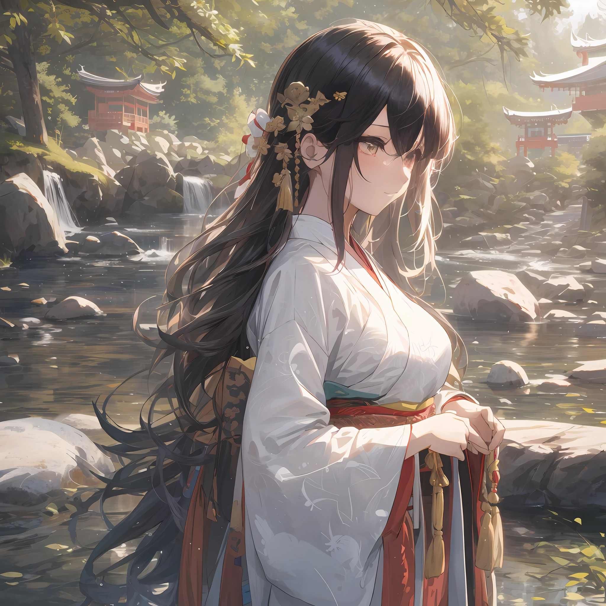 Anime girl with long hair and white skirt standing in front of the stream, Palace ， A girl in Hanfu, Guviz-style artwork, Guviz, guweiz masterpiece, Guweiz on ArtStation Pixiv, Guweiz in Pixiv ArtStation, style of anime4 K, Beautiful character painting, Beautiful anime girl --auto