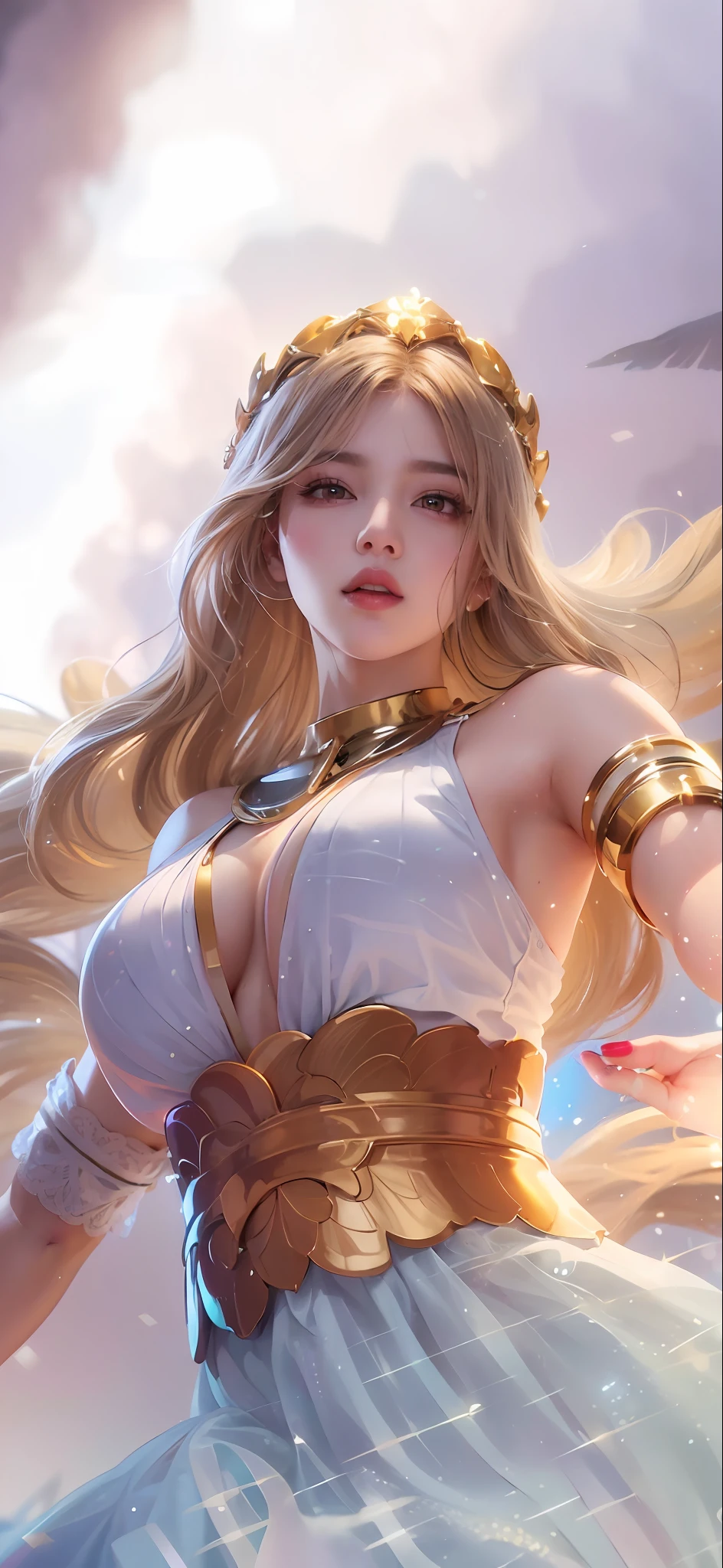 (8k, RAW photo, photorealistic:1.25) ,( lipgloss, eyelashes, gloss-face, glossy skin, best quality, ultra highres, depth of field, chromatic aberration, caustics, Broad lighting, natural shading,Kpop idol) looking at viewer with a serene and goddess-like happiness,
