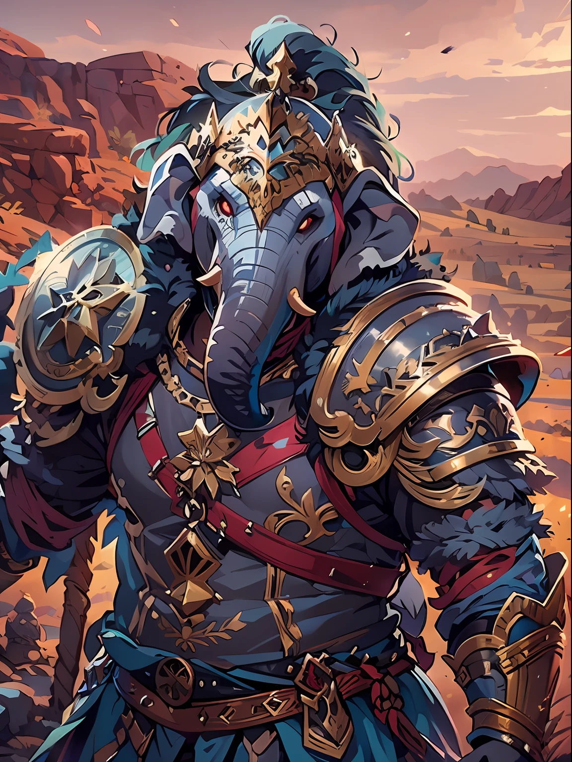 elephant warrior clad in ancient Roman armor, brandishing a petite rapier and shield, adorned with sleek gray fur and piercing eyes, majestically positioned amidst a vast desert landscape.BREAK best quality, masterpiece, trending deviant art, official art, 4k wallpaper, fantasy, focused, perfect composition, cool color, vibrant color(clear face), (detailed facial description), (detailed hand description), (masterpiece), (exquisite CG),