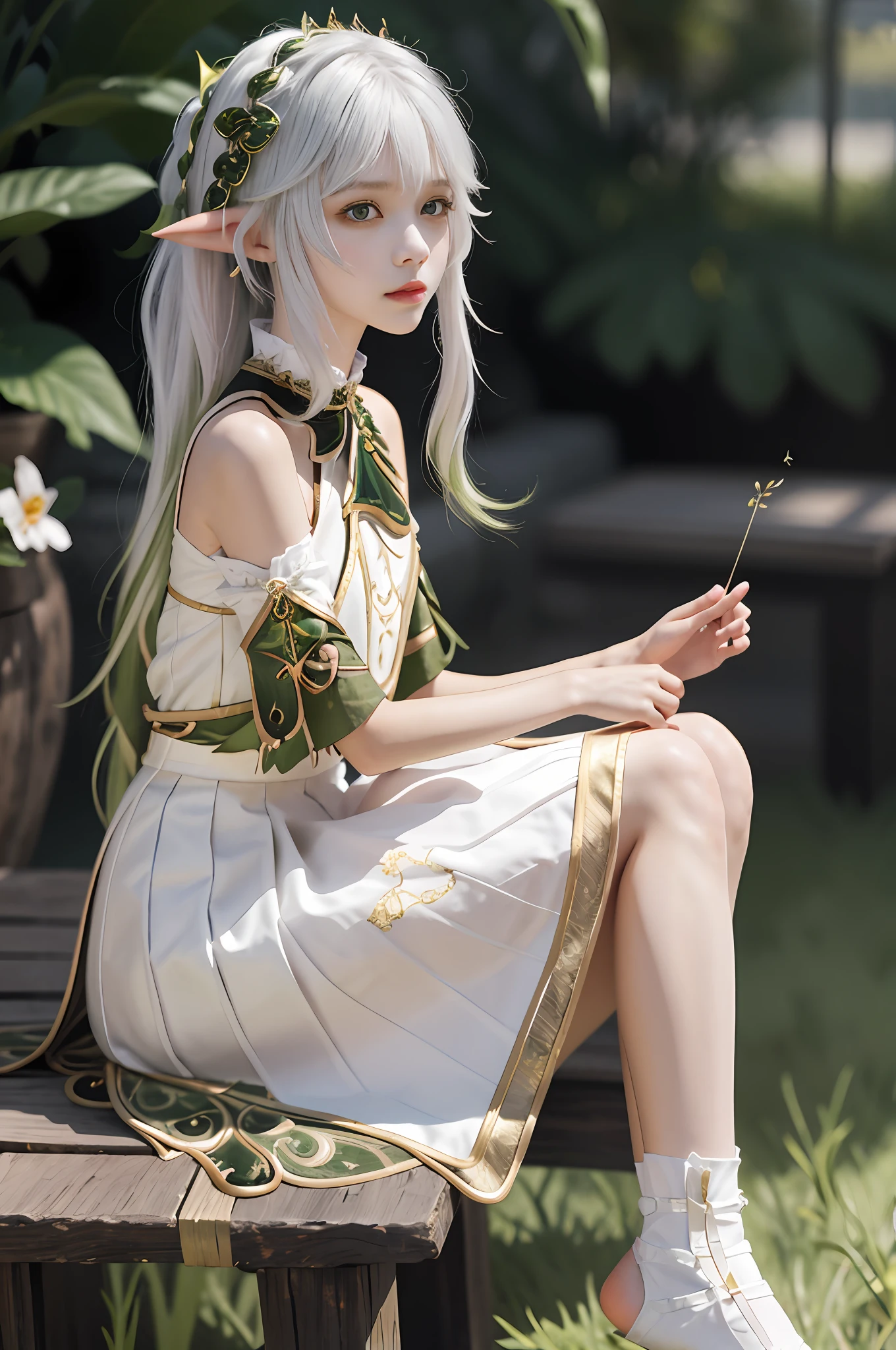Slim hands,The slender hands are extremely delicate and beautiful:1.2),1girll, Top masterpieces,Hot details,Super fine details,Dynamic standing painting,standing on your feet,full bodyesbian,By bangs,, Bow knot, seen from the front, Hair Bow, light particules, longer sleeves, looking at viewert,独奏,white dresses,Gold pattern,Black pattern,white dresses,The skirt has a gold composite pattern,The skirt has a dark green intricate pattern,thin long ears,elvish ears,White color hair,a matural female