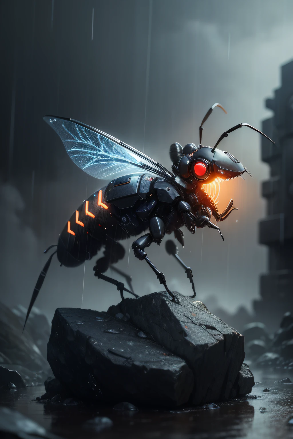 dark，Armageddon，废墟，rainy evening，Scene graph，cyber punk perssonage，On a stone stands a mechanical wasp，Iron and steel，soggy，Cold，nooks，Close-up，8K，high qulity，tmasterpiece