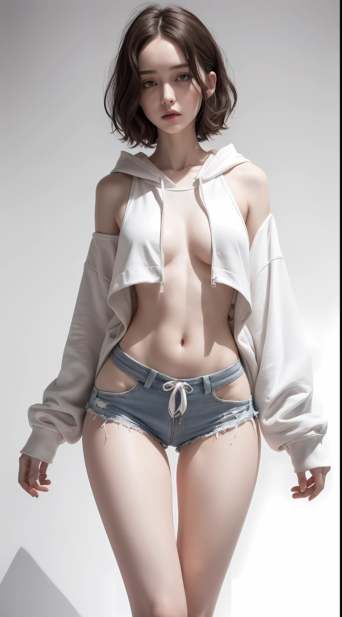 raw photo, dynamic pose, short wavy hair, 1girl, pale skin, delicate face, intricate details, baggy hoody, loose shorts, huge breasts, (small waist, (wide thigh gap):1.2), ((wide legs):1.2), white background, masterpiece