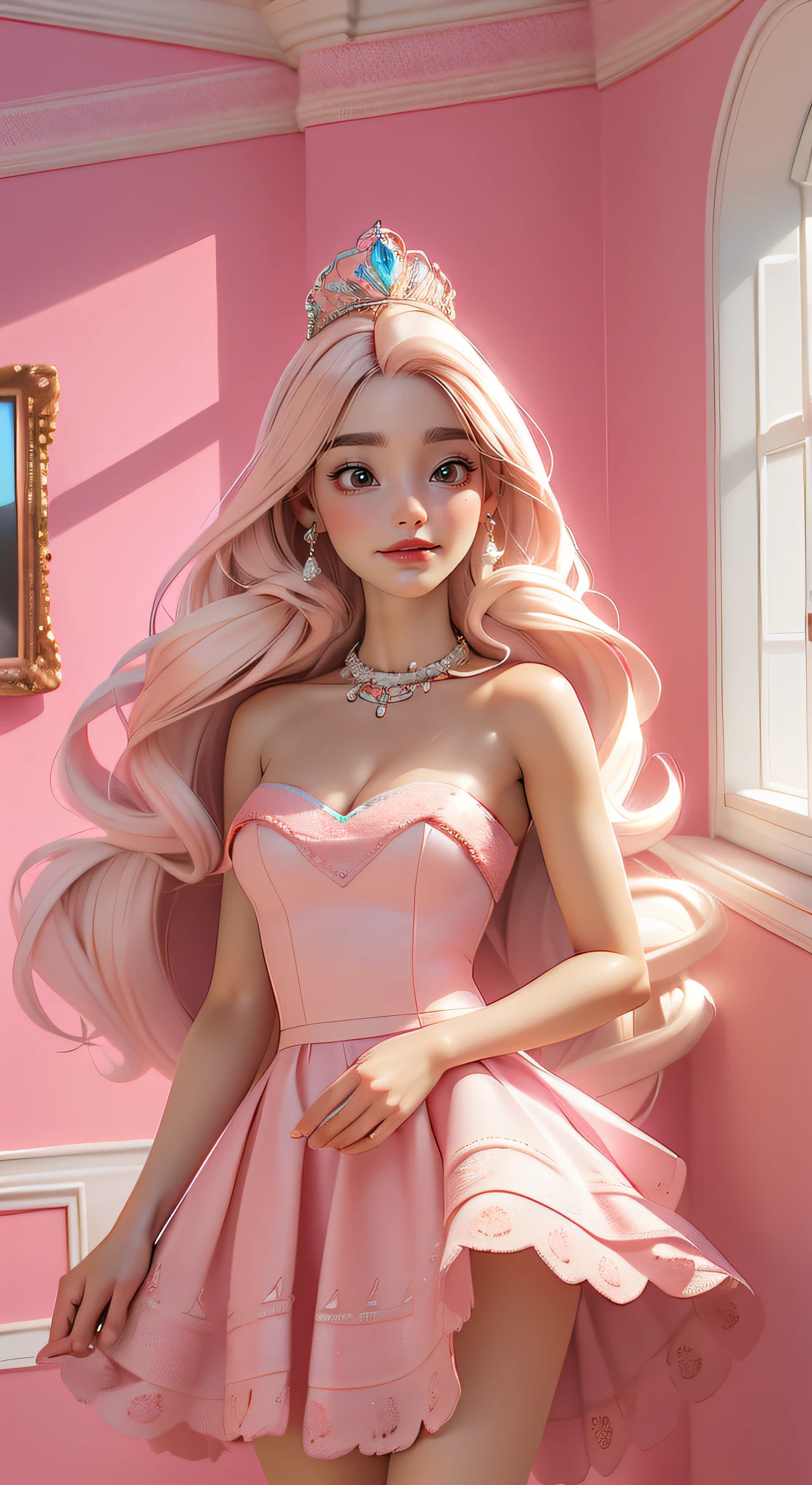 dynamic lighting, 3D model art, A Barbie princess wearing a lovely pink dress, bright,Natural Lighting,morning light，((barbie interior design)), borrowing elements from the scenic grandeur of National Geographic landscapes, beautiful scene is brought to life, by the talented Alec Soth, retina, anatomically correct, textured skin, award winning