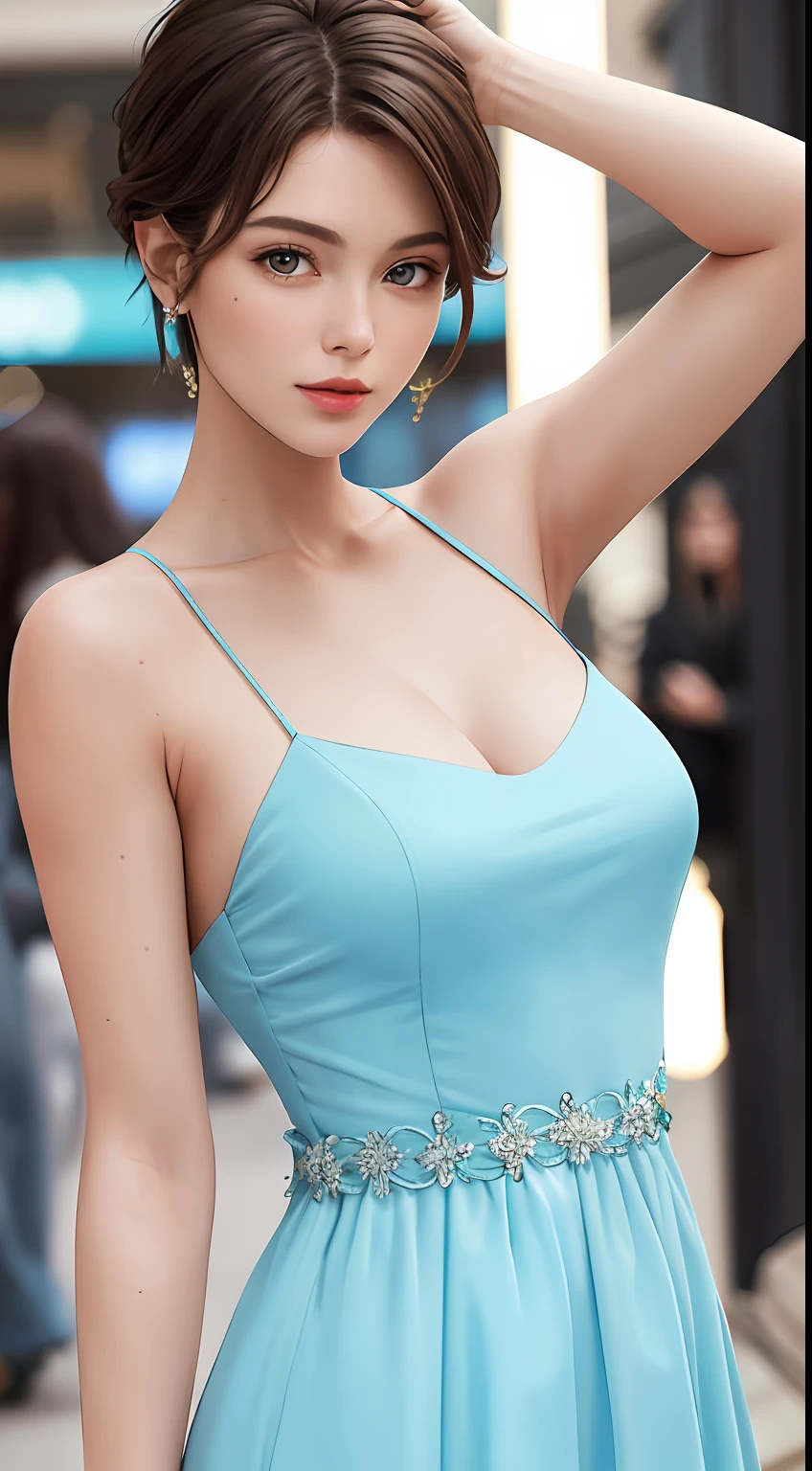 European and American women, A fashion model, Wearing a light blue dress with an open back, Glamour, paparazzi taking pictures of her, short detailed hair, Brown eyes, 8K, High quality, Masterpiece, Best quality, k hd, Extremely detailed, voluminetric lighting, Photorealistic