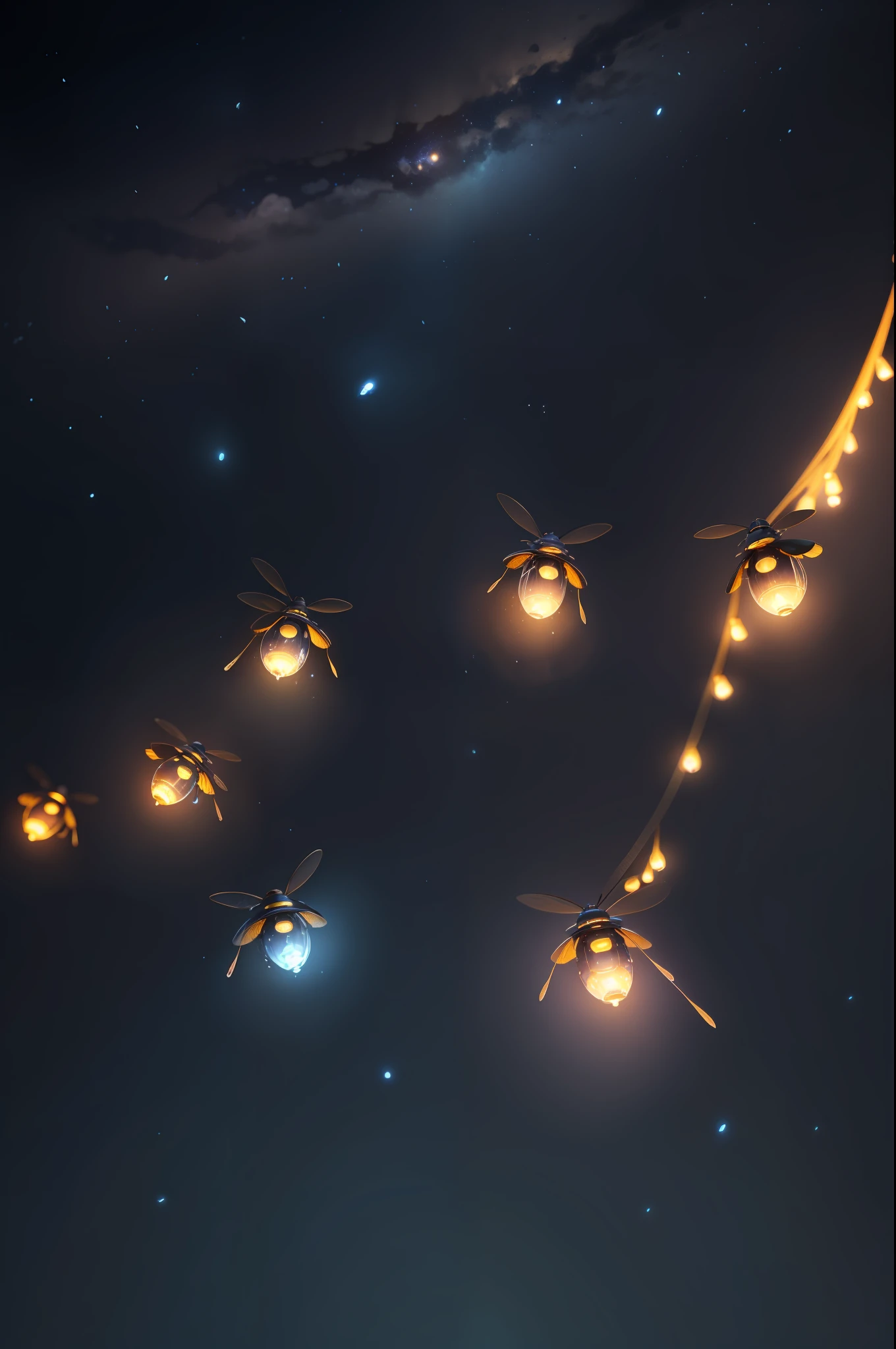There are many blue robotic fireflies flying around, Fireflies fly in the white space, fireflies flying, Some fireflies flew in the air, fireflies flying around, glowing firebugs, tiny fireflies glowing, blue fireflies, fireflies glowing, glowing firebugs, swarm of fireflies, some fireflies, Glowing spores fly, glowworm