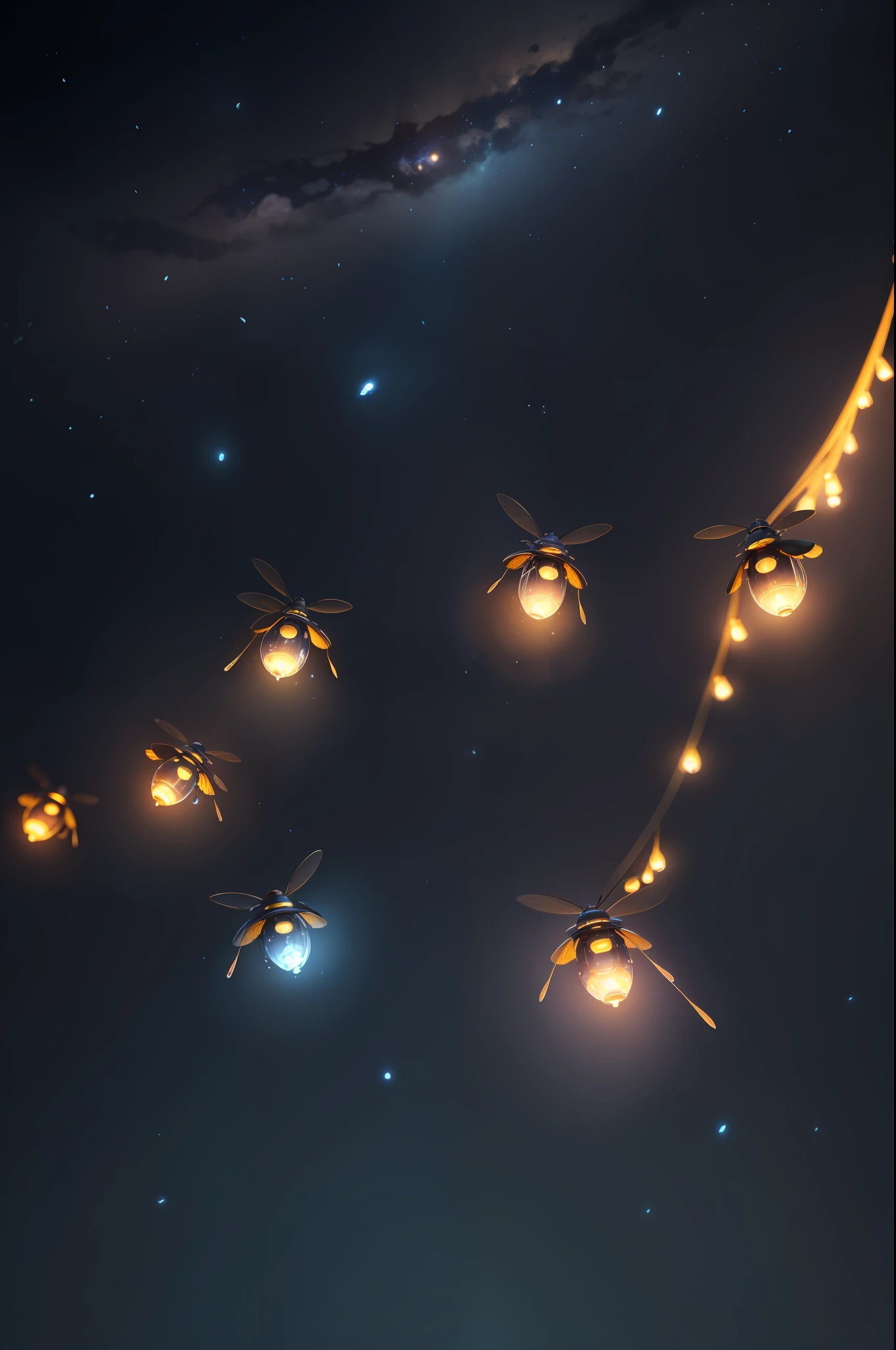 There are many blue robotic fireflies flying around, Fireflies fly in the white space, fireflies flying, Some fireflies flew in the air, fireflies flying around, glowing firebugs, tiny fireflies glowing, blue fireflies, fireflies glowing, glowing firebugs, swarm of fireflies, some fireflies, Glowing spores fly, glowworm
