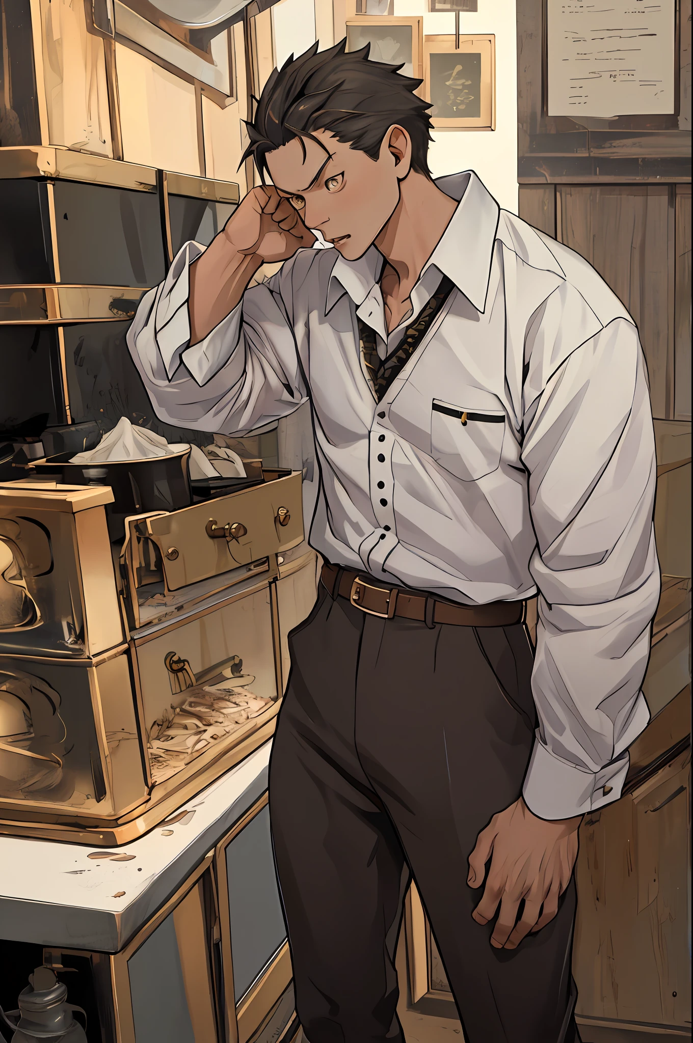 (1 Adult male),A high resolution, Sharp focus, Pixiv masterpiece, ((Complicated details)), highly detailed, natsuki_subaru, 1 man, with her mouth open,drools,full bodyesbian, Golden eyes(eyes glowing), with short golden hair,white shirt,Wear a tie,Wear a belt,perspire,look from down