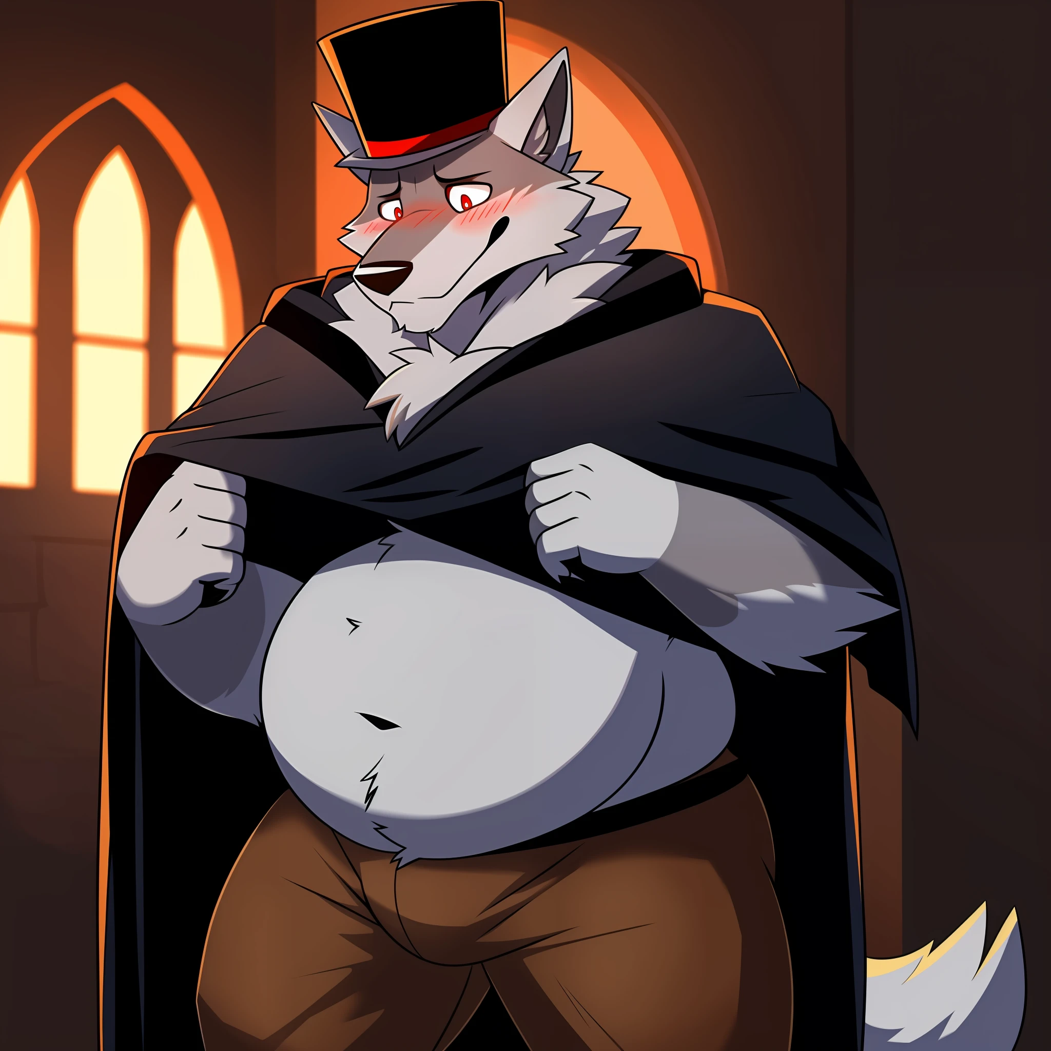 male, solo, anthro, (Deathwolf), (grey body), cloak, (slightly chubby), nervous, detailed lighting, blushing, (chest tuft), (wolf, top hat), bowtie, stressed, (brown pants), (worried eyes)