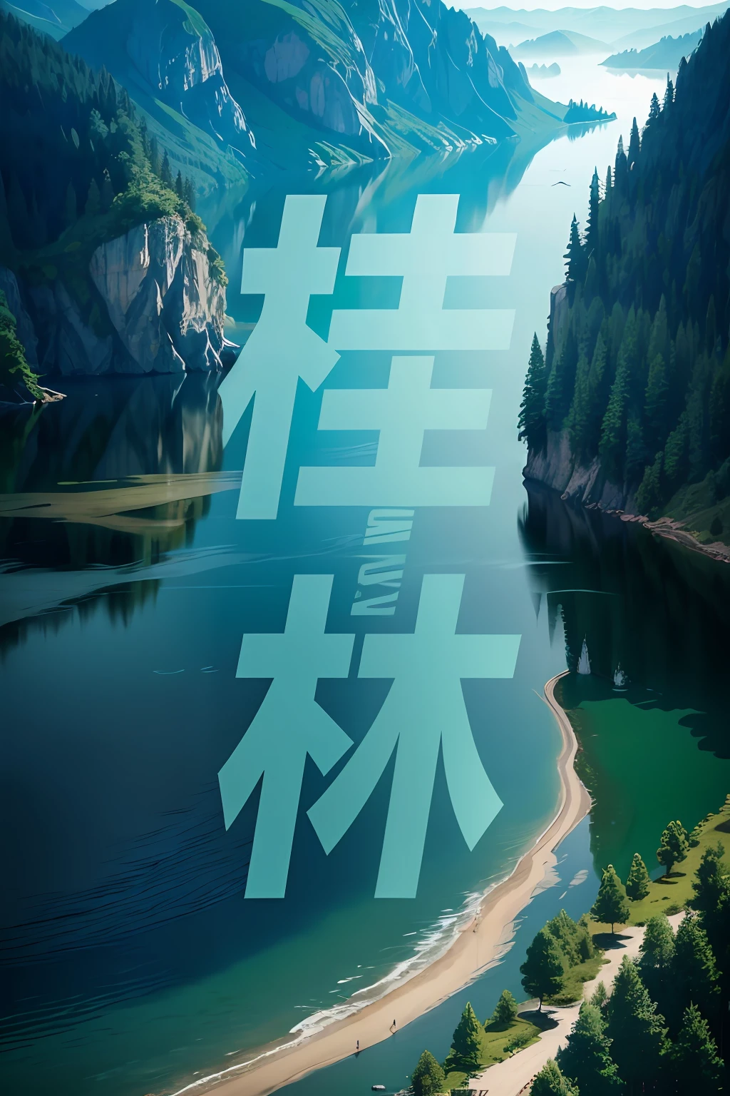 Poster design, Green lake water, High and low rolling mountains, Blue sky, Fishermen fishing, Dreamland Wonderland, Hazy, water fog, hawk, real photograph, realisticlying。