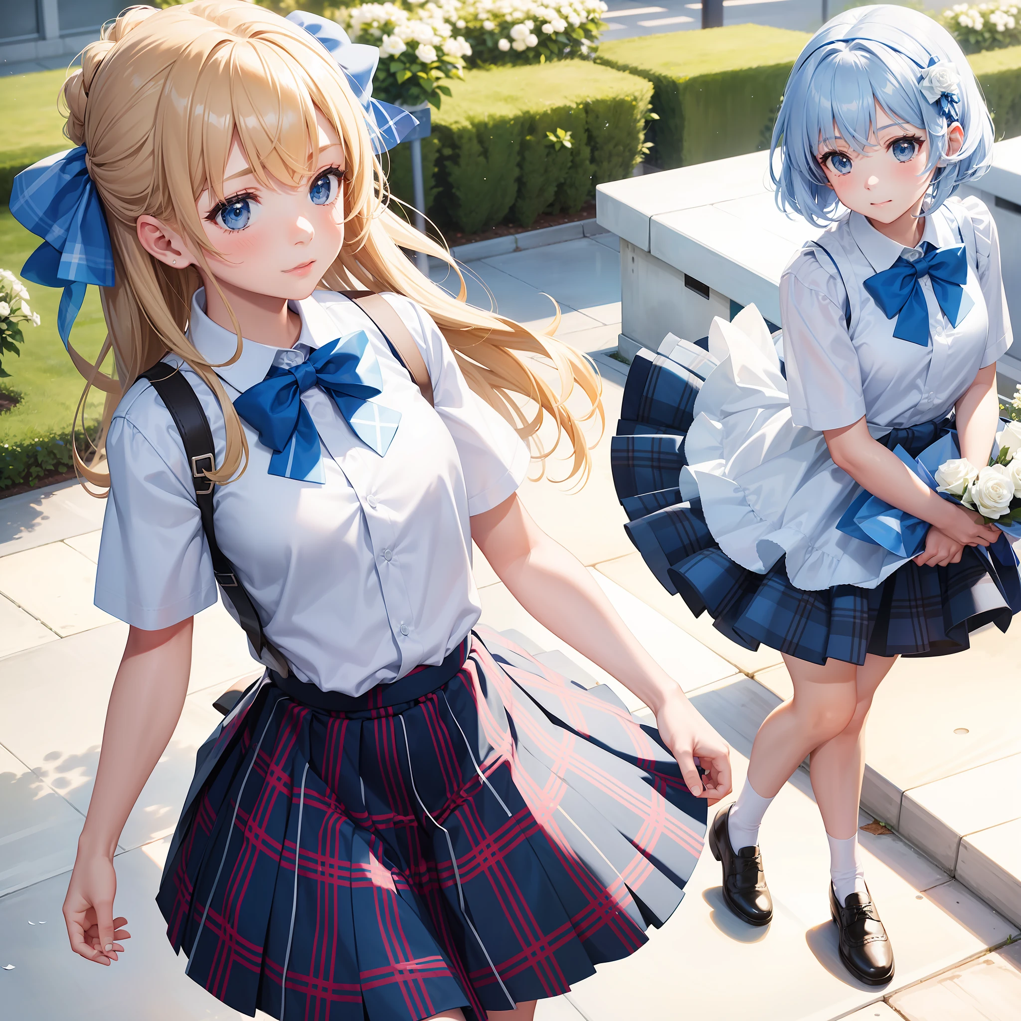 A girl,Wearing a blue plaid skirt,A bow is worn on his head,Holding a bouquet of white roses in both hands,Walk on the playground on campus