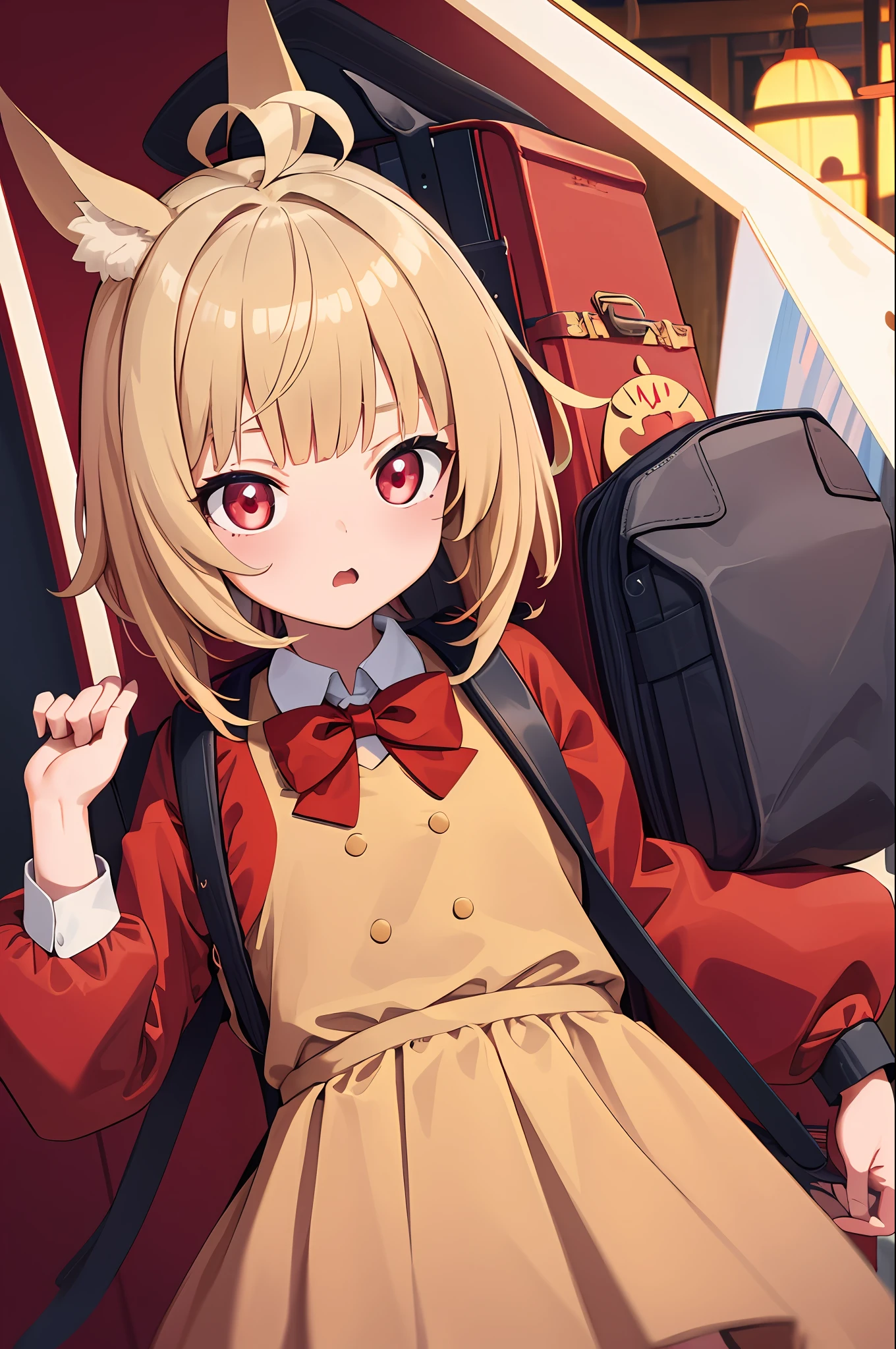 best quality, masterpiece,girl,1girl, ahoge, animal_ear_fluff, animal_ears, backpack, bag, long bangs, Short beige hair, crimson eyes, red blazer, blue bowtie