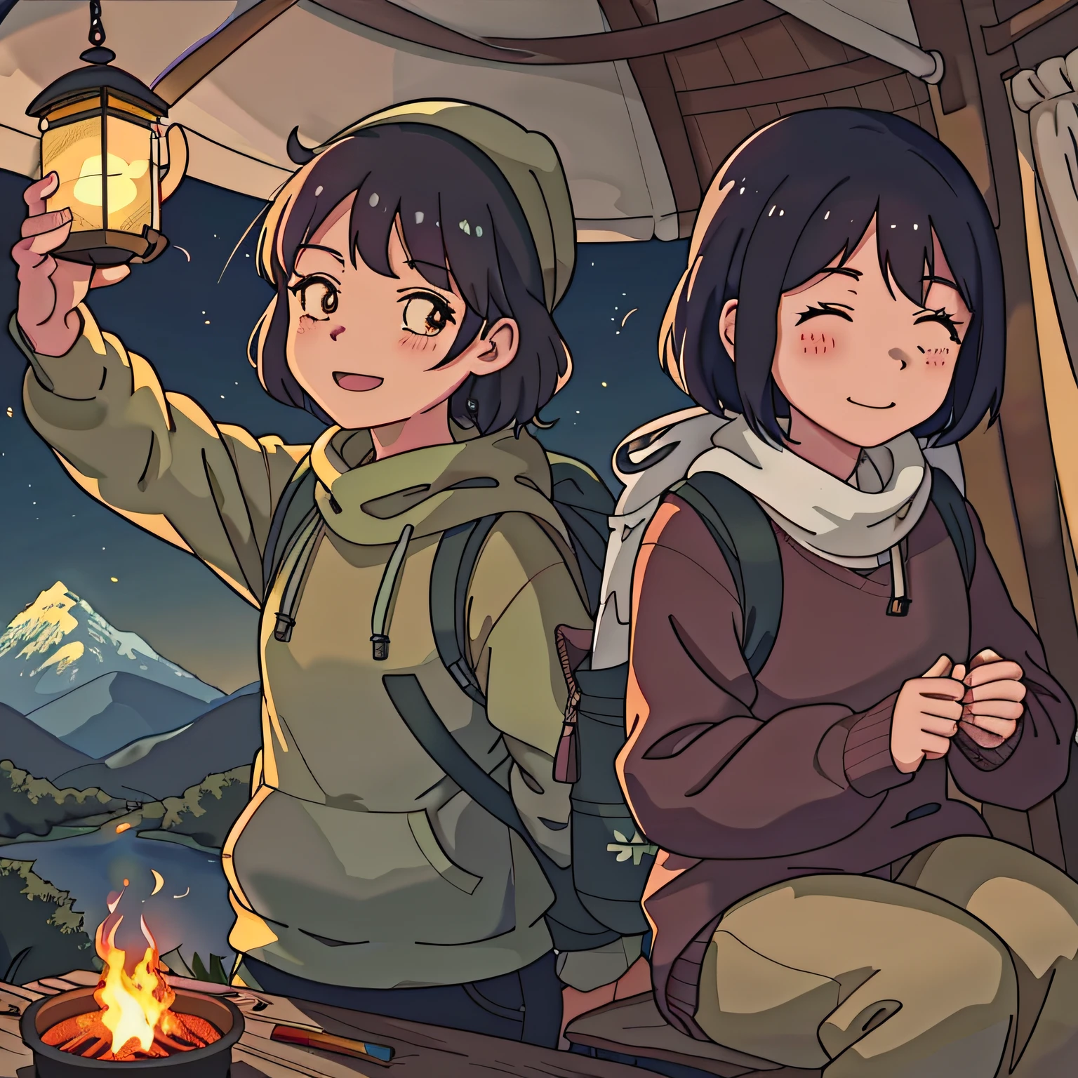 Anime - Style illustration of two people sitting by a campfire with a lantern, anime yuru camp, yuru camp, Anime style illustration, yama no susume, lovely art style, Digital anime illustration, official fanart, lofi-girl, anime illustration, offcial art, High Quality Anime Art Style, Lofi art, Praise Artstyle, lofi