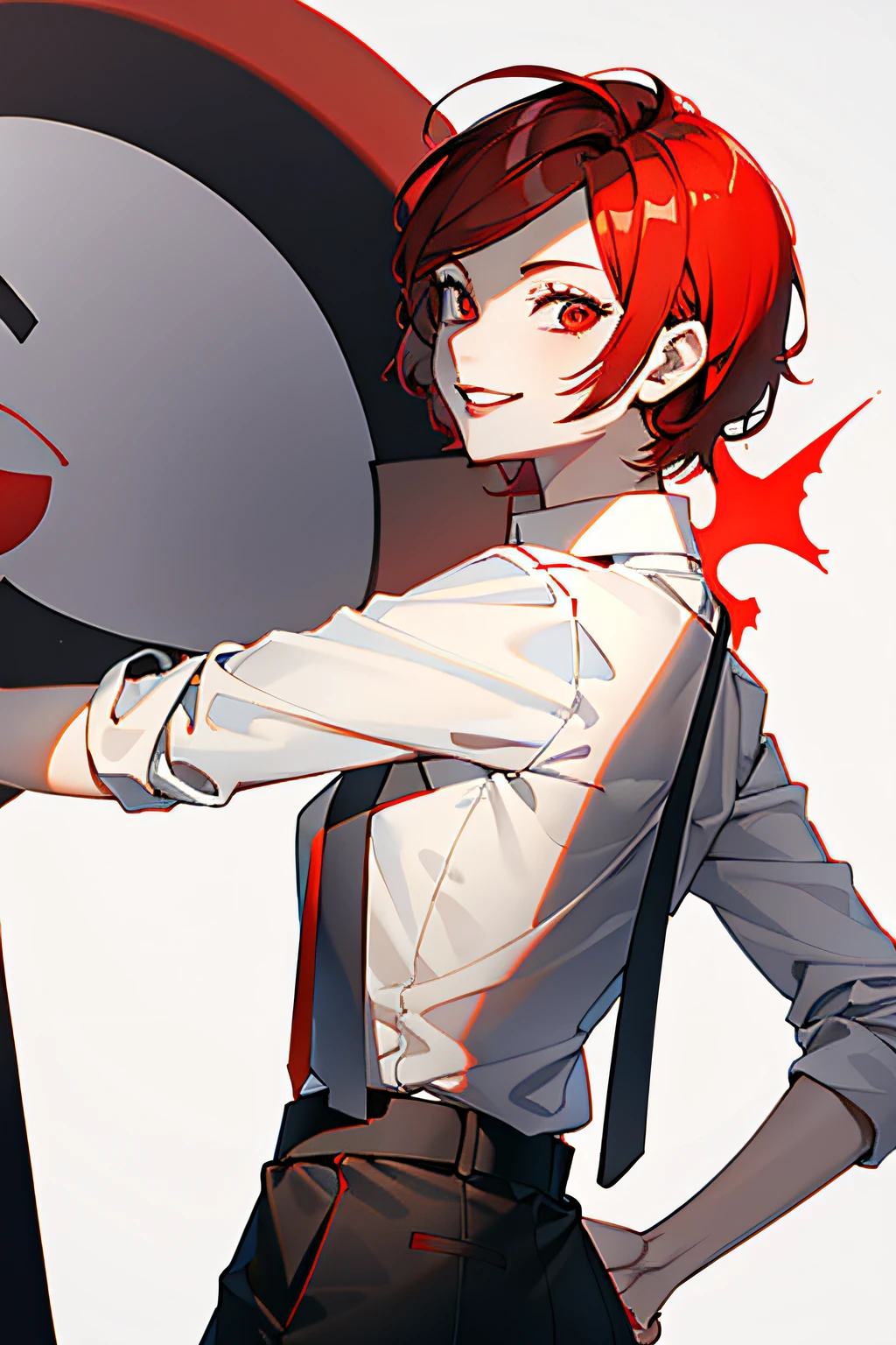 1girl with short red hair, red eyes, red lips and a tomboyish appearance, wearing a white shirt with a black blueish tie, paired with back bluish long pants. She has red devil horns and a crazy mad smile on her face, wielding an axe as her weapon.