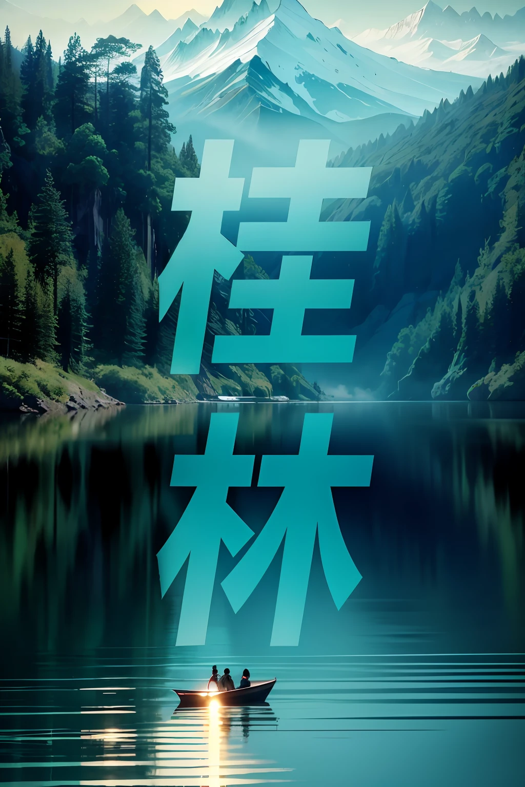 Poster design, Green lake water, High and low rolling mountains, Blue sky, Fishermen fishing, Dreamland Wonderland, Hazy, water fog, hawk, real photograph, realisticlying。