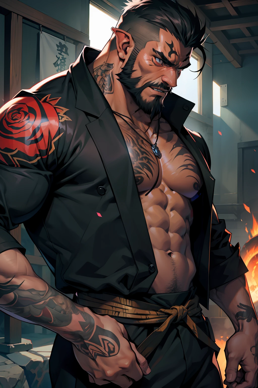 The facial features are clear and three-dimensional,Masterpiece,Highest quality,Male orcs,Berserk Tiger,Berserker,Japanese yakuza,Rose tattoo,The demons,belve,Facial hair,wearing black suits,depth of fields,
