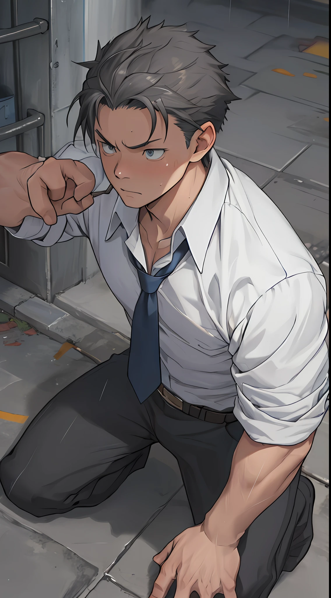 (1 Adult male),A high resolution, Sharp focus, Pixiv masterpiece, ((Complicated details)), highly detailed, natsuki_subaru, 1 man,Defeat, crestfallen,full bodyesbian,kneels on the ground, Sweaty crotch,Drenched,Rain,The shirt is soaked,(A gesture of pleading),blue color eyes(eyes glowing), Short gray hair,white shirt,Wear a tie,Wear a belt,perspire,look from down