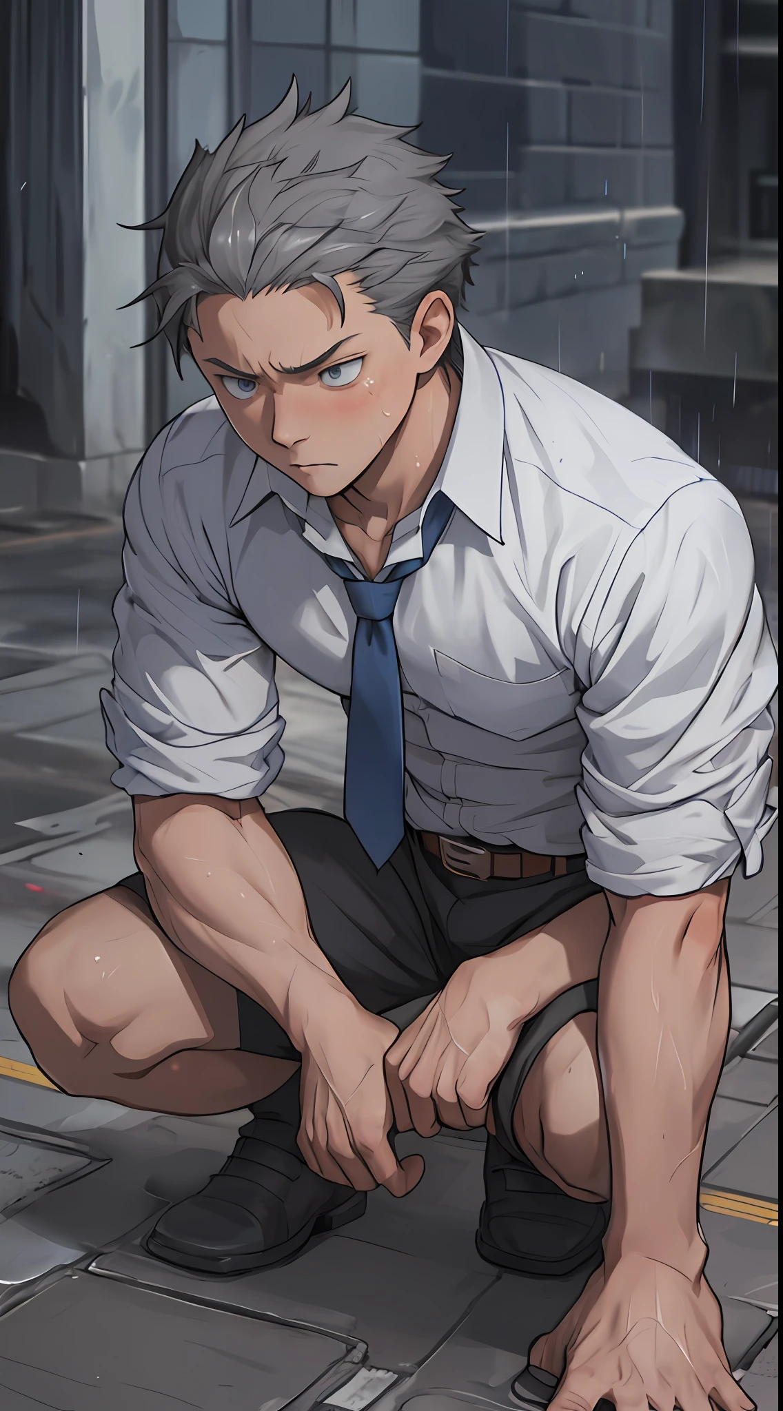 (1 Adult male),A high resolution, Sharp focus, Pixiv masterpiece, ((Complicated details)), highly detailed, natsuki_subaru, 1 man,Defeat, crestfallen,full bodyesbian,kneels on the ground, Sweaty crotch,Drenched,Rain,The shirt is soaked,(A gesture of pleading),blue color eyes(eyes glowing), Short gray hair,white shirt,Wear a tie,Wear a belt,perspire,look from down