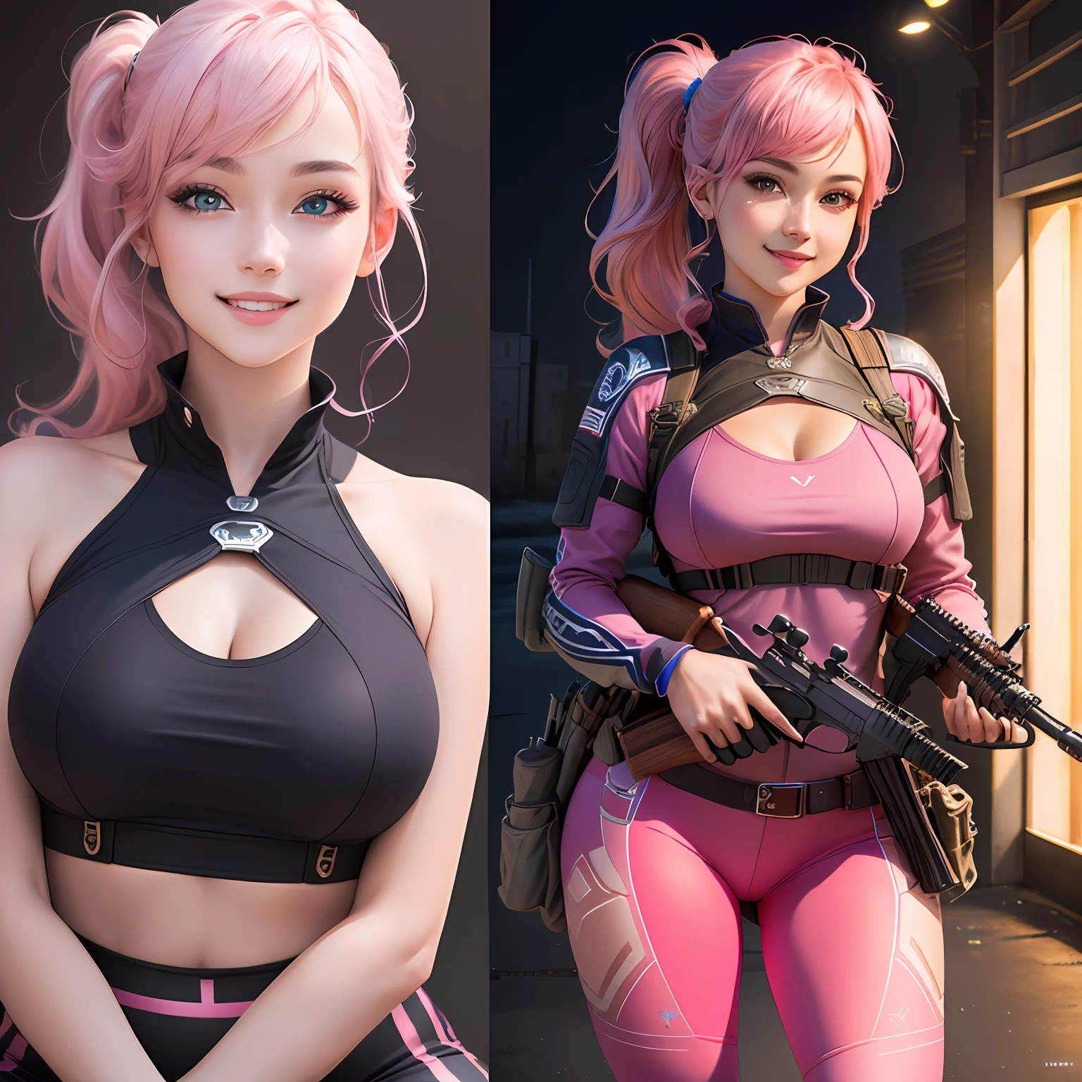 ulzzang-6500-v1.1,(raw photo:1.2),((photorealistic:1.4)),best quality,masterpiece, illustration, an extremely decision and beautiful, extremely detailed,CG,unity,8k wallpaper, amazing, fineness detail , official art, very detailed CG unified 8k wallpaper, ridiculous, incredibly ridiculous, huge file size, super detailed, high resolution, beautiful detailed girl, very detailed eyes and face, beautiful detailed eyes, light on face, movie lights, ((very pink tights)), 1girl, full body, full body photo, looking at the audience, ((light pink hair)), red eyes, ((bliss), The best detailed background, (cosplay), (smile), double ponytail, ((holding a rifle)),