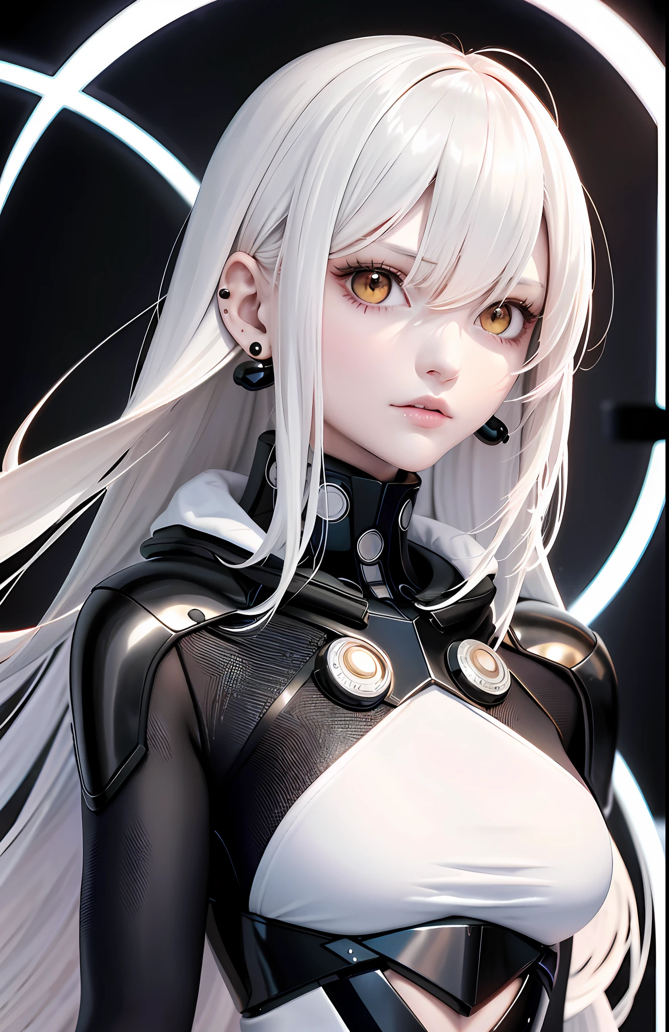optimum,tmasterpiece,A high resolution,best qualtiy,hyper HD,super detailing,Award-Awarded,16k,独奏,(The upper part of the body),anatomy correct,Beautiful cyberpunk girl,Ex Machina,cute face,high light,Gradient Beige Hair,Hairline,((Scarlet eyes)),long eyelasher,Hanging eye corners,White skin of the,(small boobs),(Slim body),((Hooded raincoat)),((Women's uniform with short jacket)),ear studs,(neck rings), very short gloves,(Laser material clothing:1.2)