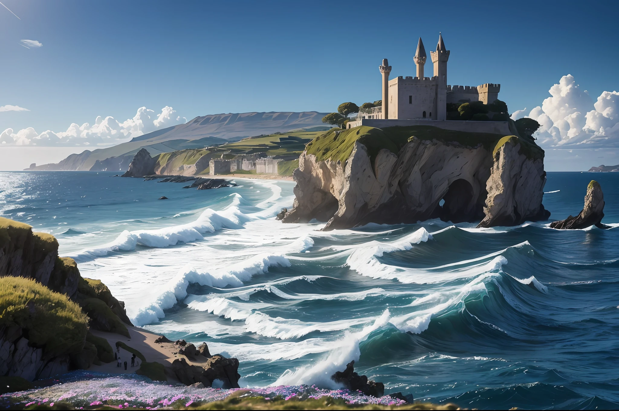 "RAW photo, best, masterpiece, best quality, high quality, extremely detailed,a man dreams of a pumice island in the bay of Baiae, it is covered with blue moss and flowers, with ancient palaces and towers, the rough sea shows its fury with great waves, the image is inspired by Ode to the West Wind
by Percy Byshelley,film lighting,general view of the scene."