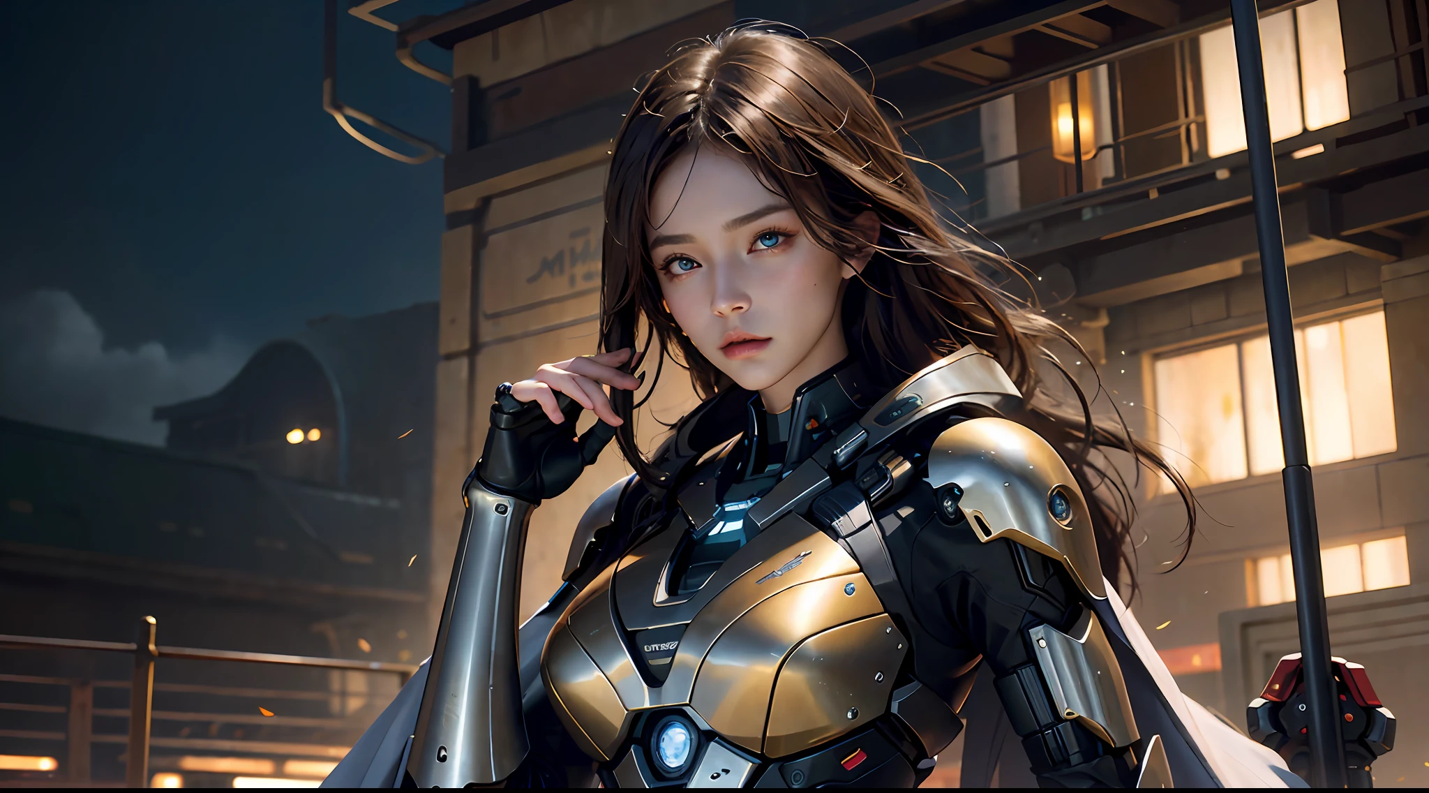tmasterpiece,top-quality,best qualityer,offcial art,Beauty and aesthetics:1.2),(tmasterpiece:1.3), (8K, realisticlying, RAW photos, best qualtiy: 1.4), beauitful face, (photorealiscic face),超高分辨率, Ultra photo realsisim, highly detailed, the golden ratio, (Award-winning digital artwork:1.3) af (sketching:1.3),(with dynamism:1.3),(Saturation:1.3),(Close portrait:1.3),illusory engine, (High detail: 1.9),(femele:1.4),(big breasts beautiful: 1.4),(carismatic:1.3),Girl in futuristic suit holding weapon,In front of the city of gunsmoke,Gunsmoke Street,battlefiled, Real women,Real face,cute female child, The perfect cyborg girl, Beautiful female ,beautiful girl cyborg,robotic hand,CG,4K,dramatics,Large breasts,the night,cyber punk perssonage,the night,dramatics