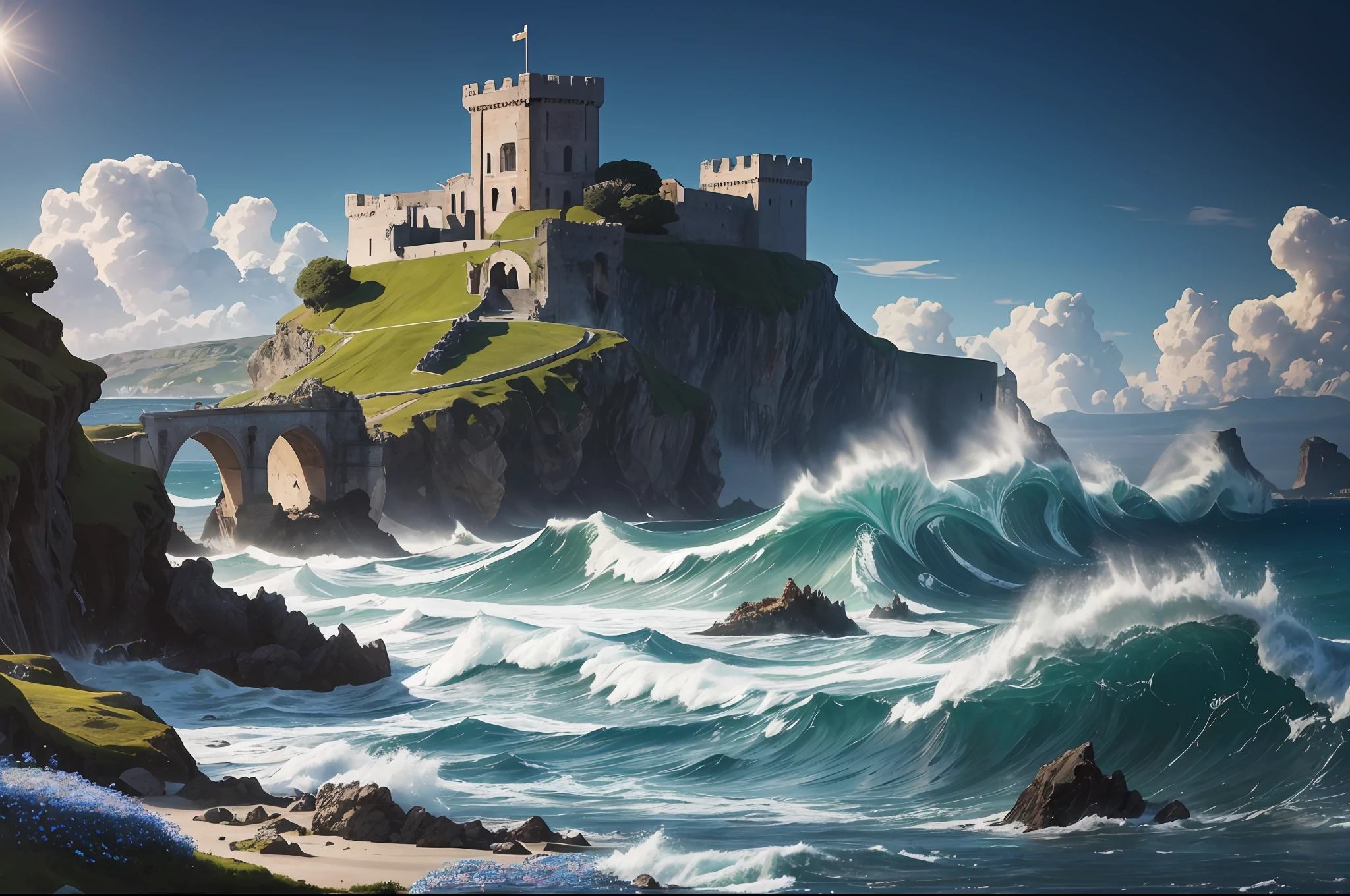 "RAW photo, best, masterpiece, best quality, high quality, extremely detailed,a man dreams of a pumice island in the bay of Baiae, it is covered with blue moss and flowers, with ancient palaces and towers, the rough sea shows its fury with great waves, the image is inspired by Ode to the West Wind
by Percy Byshelley,film lighting,general view of the scene."
