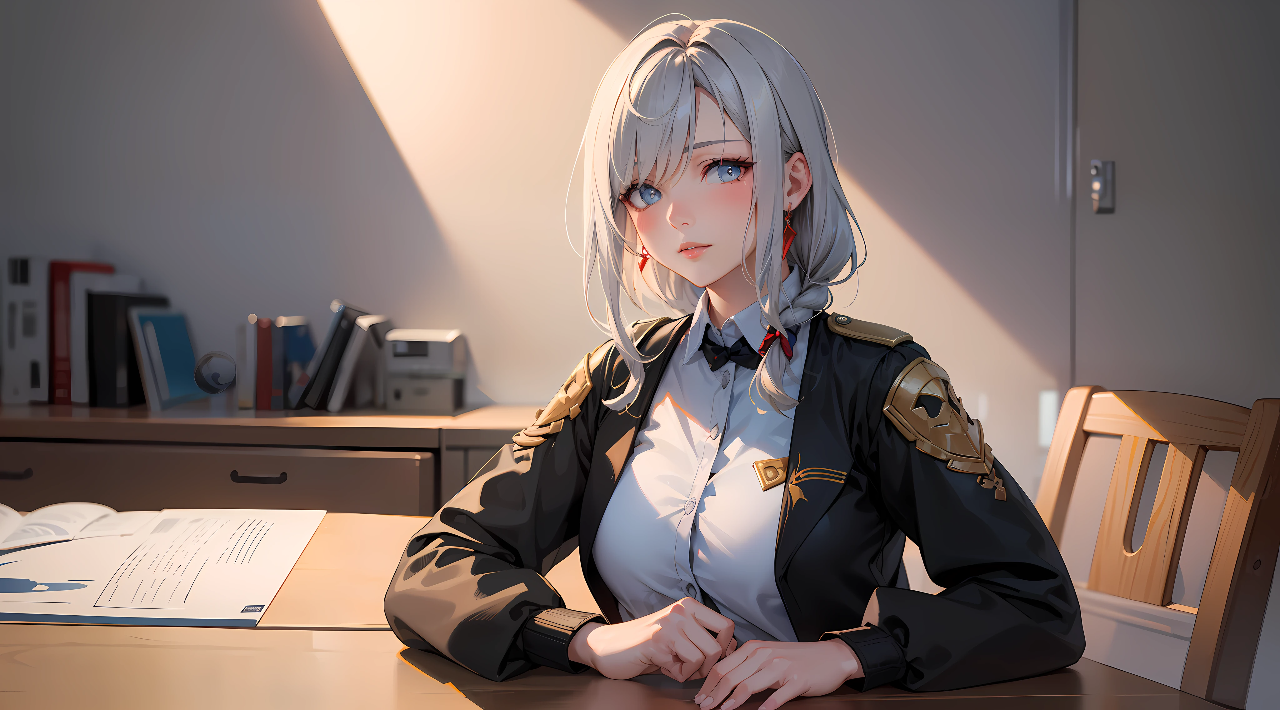 office girl, office clothes, upper body, seductive look, blush, indoors, in office, looking at viewer, cloudy, moody lighting, (perfect detail eyes:1.2), glowing eyes, (long hair one braid:1.2), elemental skill effect, (Masterpiece, Best Quality, High Quality:1.4), professional artwork, Intricate Details, field of view, sharp focus, detailed painting, photorealistic lighting, trending on pixiv, (vivid lighting, vibrant colors:1.05), realistic shadows, ambient occlusion, (athletic body:1.3), mature woman, 30yo,