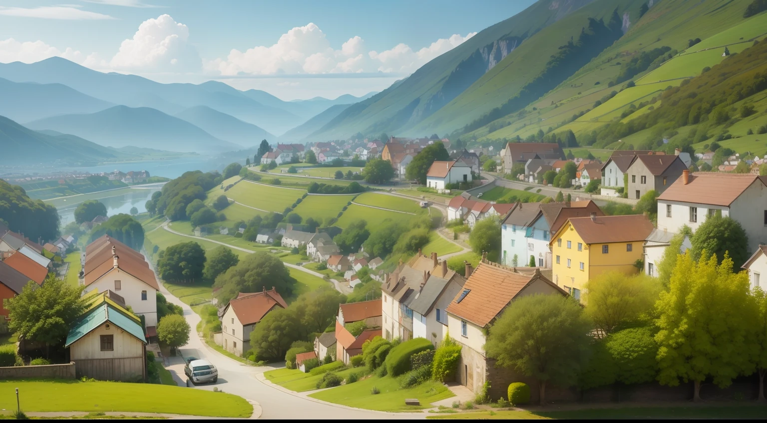A small village with colorful houses and green