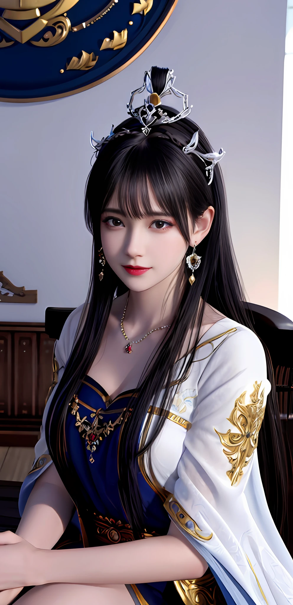 (realisticity: 1.2), best quality, 8K UHD, masterpiece, highres,cg,
1girl, queen, sword, sitting on a royal throne details, luxurious royal palace background, beautiful and detailed, super detailed long hair, wearing a beautiful and luxurious crown with diamonds and super detailed,

dress details,
 solo, jewelry, red and blue dress details

, earrings, super detailed hairdo, splashing, the upper body is very super detailed, super detailed hair bun, super detailed black hair,
lighting,candid,Photograph,high resolution,4k,8k,Bokeh,