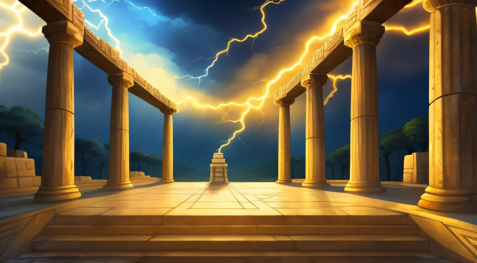 lightning，Skysky，对称，golden colored，Temple of Zeus，stone steps，dreamy scenes