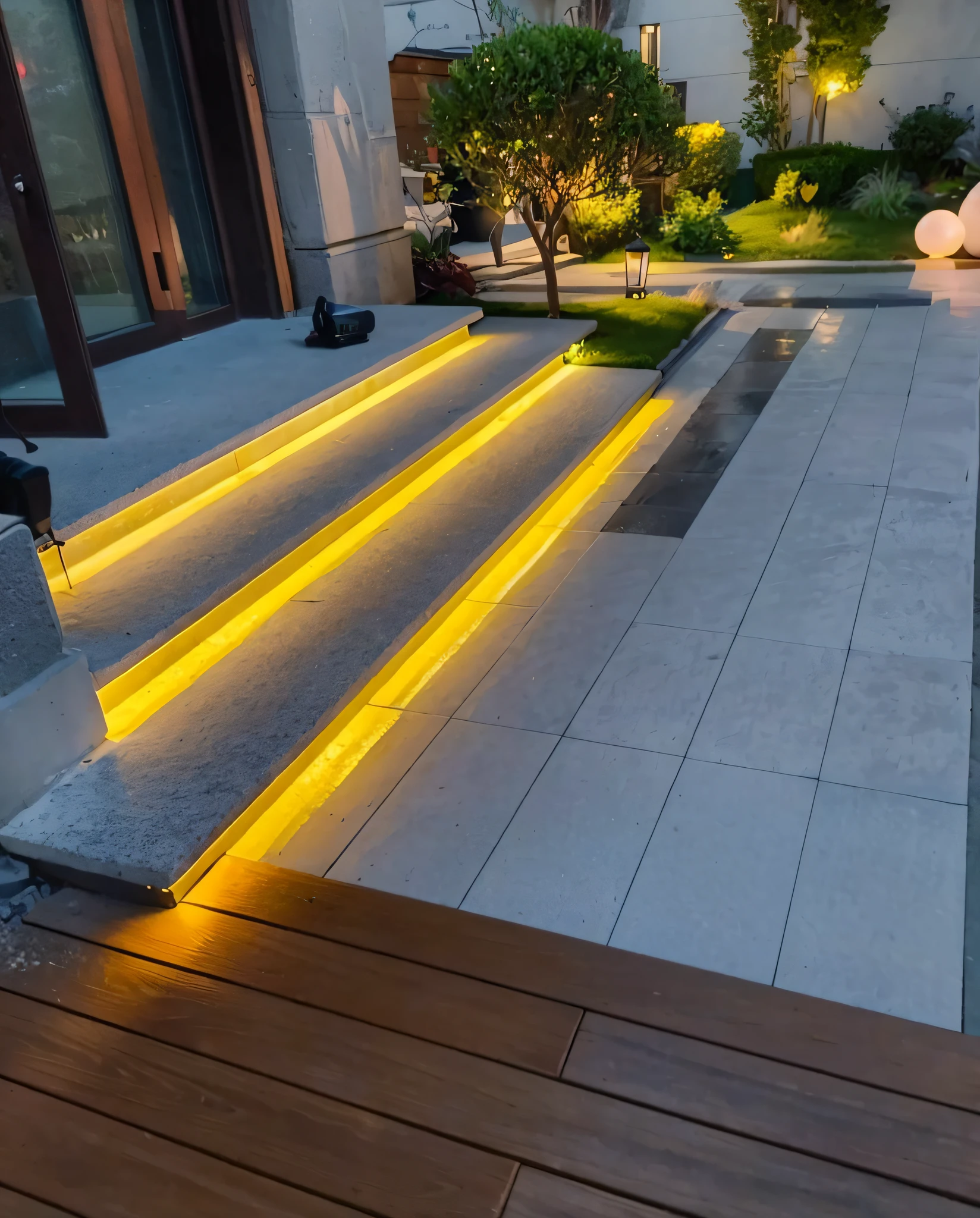 Close-up of wooden bench with illuminated staircase, led lights around the place, outdoors lighting, Softly filtered outdoor lighting, outside lighting, Lighting lighting, yellow artificial lighting, outdoor staircase, Concrete lighting, outdoors lighting, outdoor design, LED lighting, led light strips, with glowing lights at night, Edge lighting, paisible night lighting, Stunning lines in HD