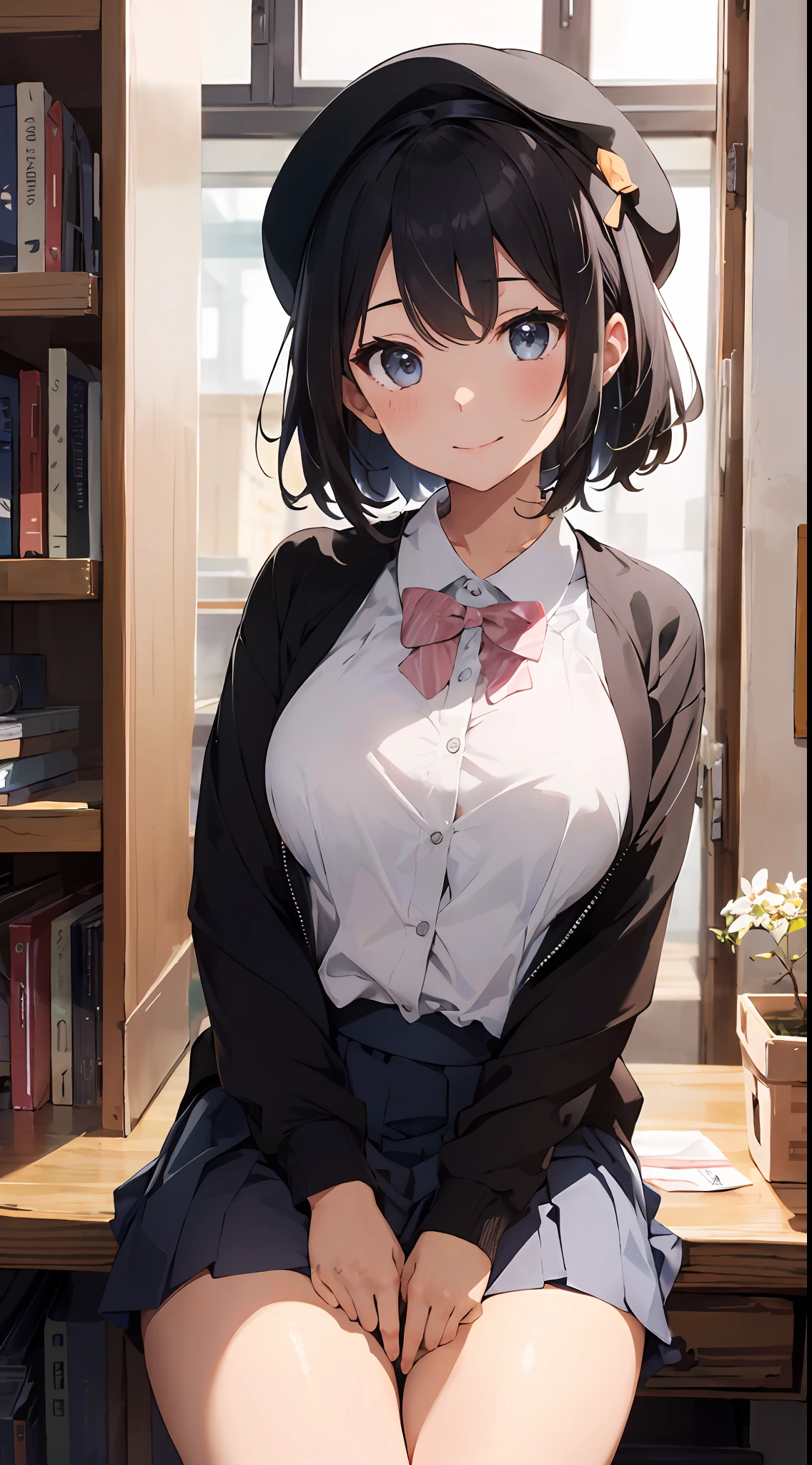 Masterpiece to the smallest detail、top-quality、1girl in、独奏、25-years old、170cm、Receptionist、Model body type、perfectbody、Breasts so big that they hang on the floor、130 cm breast、XCup milk、Realistic nipples、Extraordinary Beauty、Hair with silky texture、bob、Two-color mesh、Realistic eyes、Outstanding looks、unclear、proximity、closed_mouth、a smile、red blush、full of shyness、Hats that look good、Hats、pink bowtie、校服、 Blue jacket、jaket、skirt by the、Gray pretz skirt、Cutter shirt、white shirt、an legs、Black socks、sitting on、s Office、hair_ornament、looking_at_viewer、beatiful detailed eyes、Charming gestures、panties on、lift up one's skirt、Professional effects、The gap between the body and the gesture