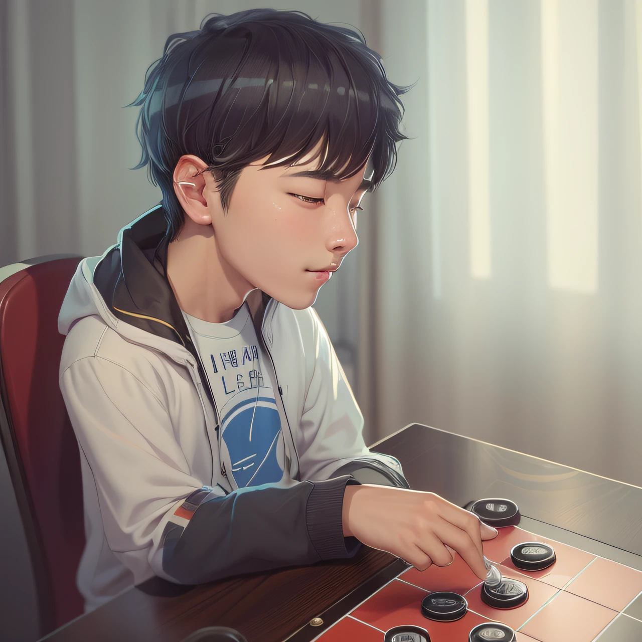 A young guy，Play checkers with a board in front of him, High-quality fanart, Playing games, official fanart, inspired by Junpei Satoh, !!playing chess!!, inspired by Huang Gongwang, inspirado em Goro Fujita, Detailed fanart, Inspired by Xiao Yuncong, Inspired by Bian Shoumin, In a realistic style