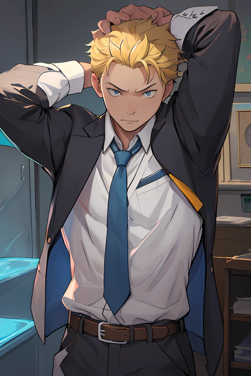 （1 Adult male），A high resolution， Sharp focus， Pixiv masterpiece， （（Complicated details））， highly  detailed， natsuki_subaru， 1 man， Lazy，full bodyesbian，Stretch out， blue color eyes（eyes glowing）， Short yellow hair，white  shirt，Wear a tie，Wear a belt，perspire，look from down