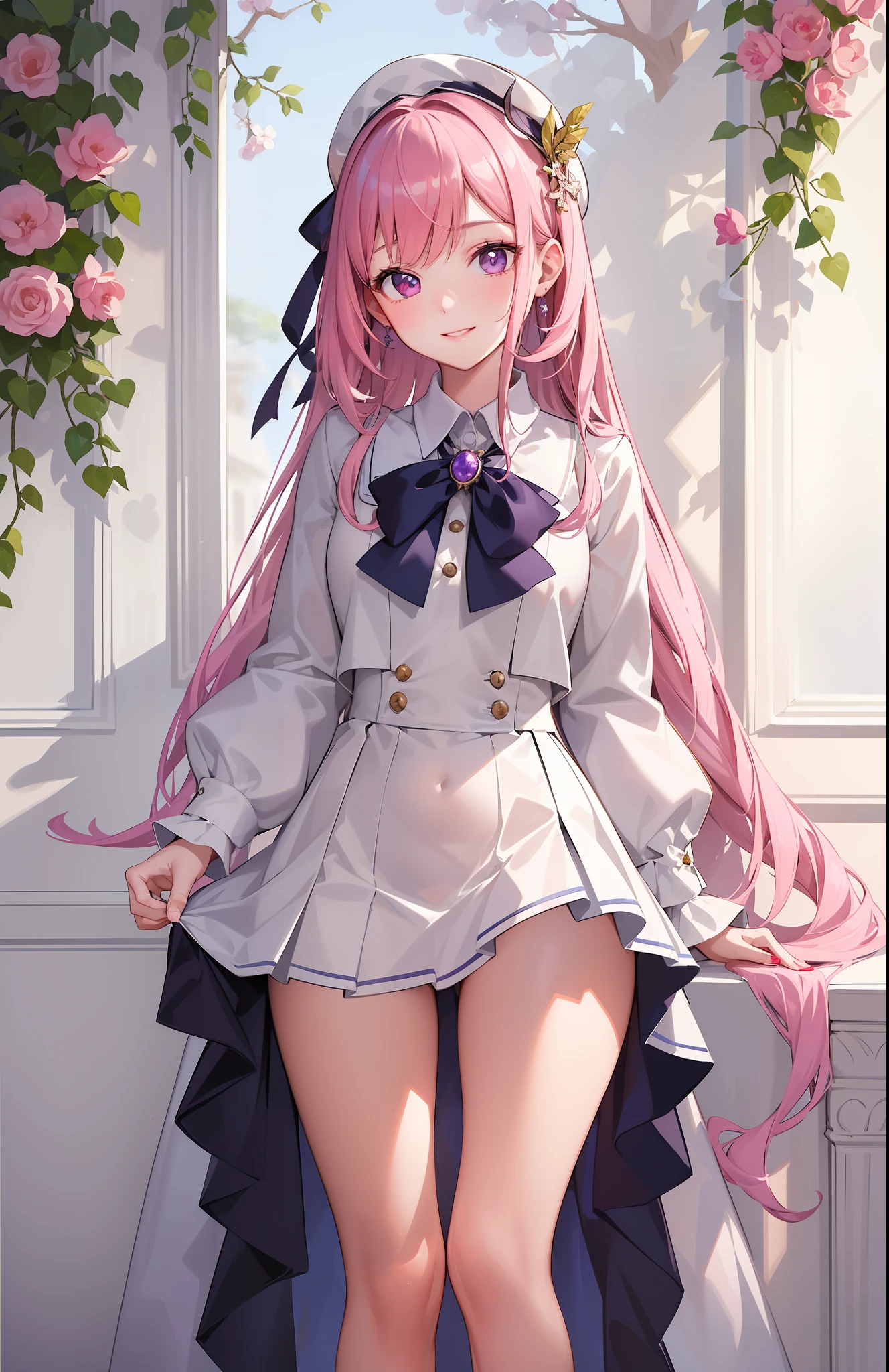 "An exquisite masterpiece with the best quality, showcasing ultra-detailed illustration. A captivating 1girl is featured, ((looking at viewer)), with a closeup shot that highlights her beautiful smile. The scene takes place outdoors, with the girl having short beige color hair and mesmerizing pink-purpley eyes, school uniform