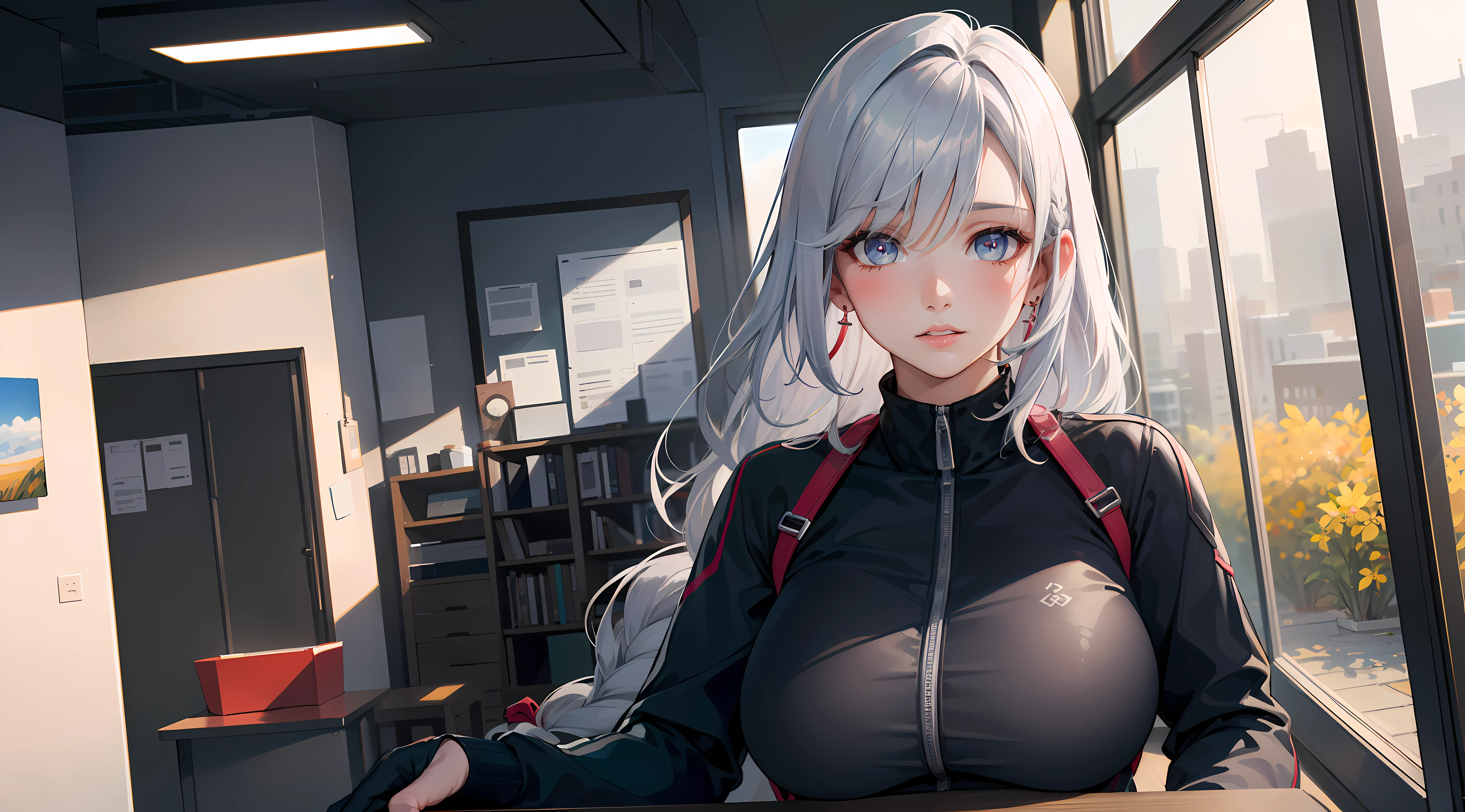office girl, office clothes, upper body, seductive look, blush, indoors, in office, looking at viewer, cloudy, moody lighting, (perfect detail eyes:1.2), glowing eyes, (long hair one braid:1.2), elemental skill effect, (Masterpiece, Best Quality, High Quality:1.4), professional artwork, Intricate Details, field of view, sharp focus, detailed painting, photorealistic lighting, trending on pixiv, (vivid lighting, vibrant colors:1.05), realistic shadows, ambient occlusion, (athletic body:1.3), mature woman, 30yo,