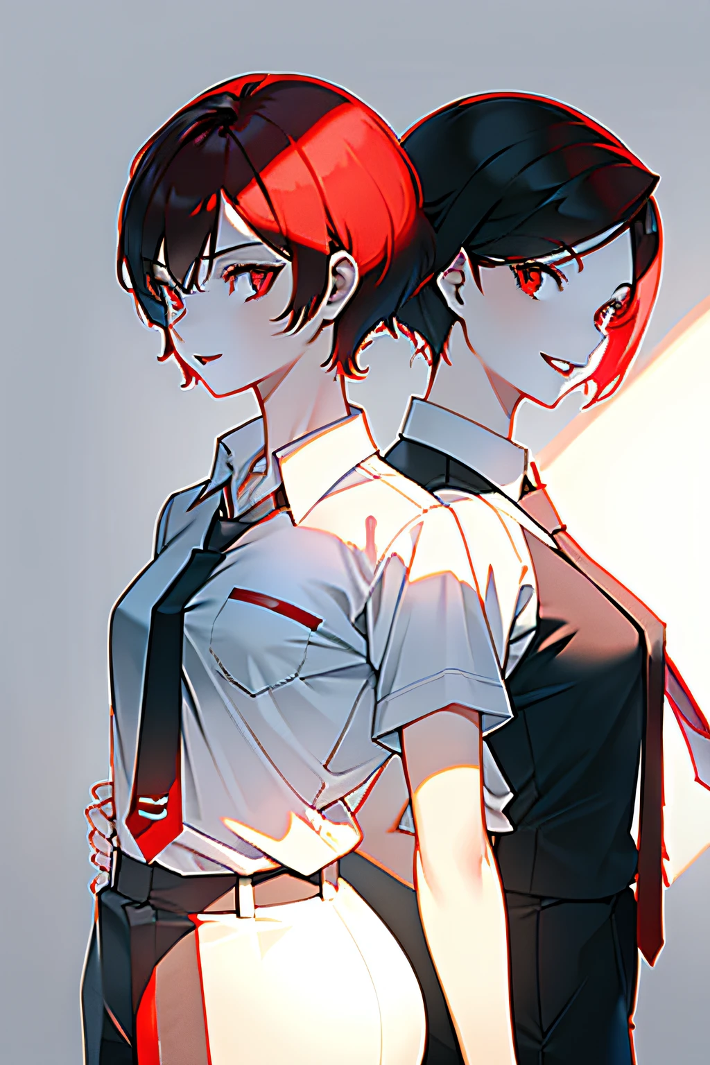 1girl with short red hair, red eyes, red lips and a tomboyish appearance, wearing a white shirt with a black blueish tie, paired with back bluish long pants. She has red devil horns and a crazy mad smile on her face, wielding an axe as her weapon.
