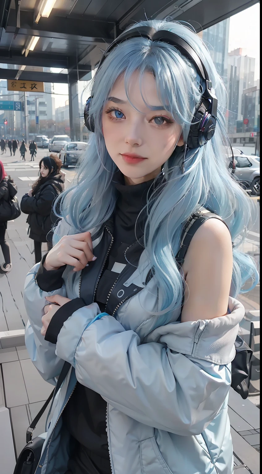 one-girl，Long light blue hair slightly curly，lewd poses，High temperament and coldness，Messy long hair，blue color eyes，Long white eyelashes，Bring headphones，The mouth is closed，No teeth exposed，Rainbow，cyber punk perssonage，The environment is simple，Meticulous facial features，8K，hyper HD，the detail（1：2），cinematric light，warm lights，looking at viewert，鎖骨，Shoulders exposed，Blackn clothes，复杂，Rich in graphics，mizore，真实感