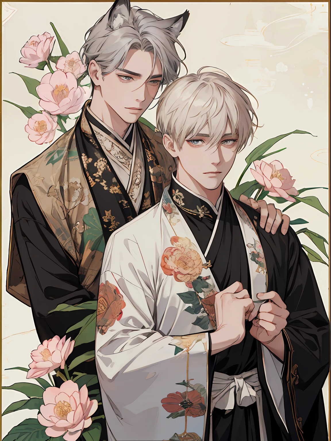 ((4K、​masterpiece、top-quality))、(Two men smiling face to face)、Gray-haired man with beautiful fox ears、Armin Arlert、Strong man with black hair with wolf ears、Erwin Smith、ink and watercolor painting、Traditional Chinese Ink Painting、lotuses、Hanfu、Maxi Kit、Dress conservatively、Animal ears,、bule、florals、Lots of flowers nearby、shenron、extra detailed face