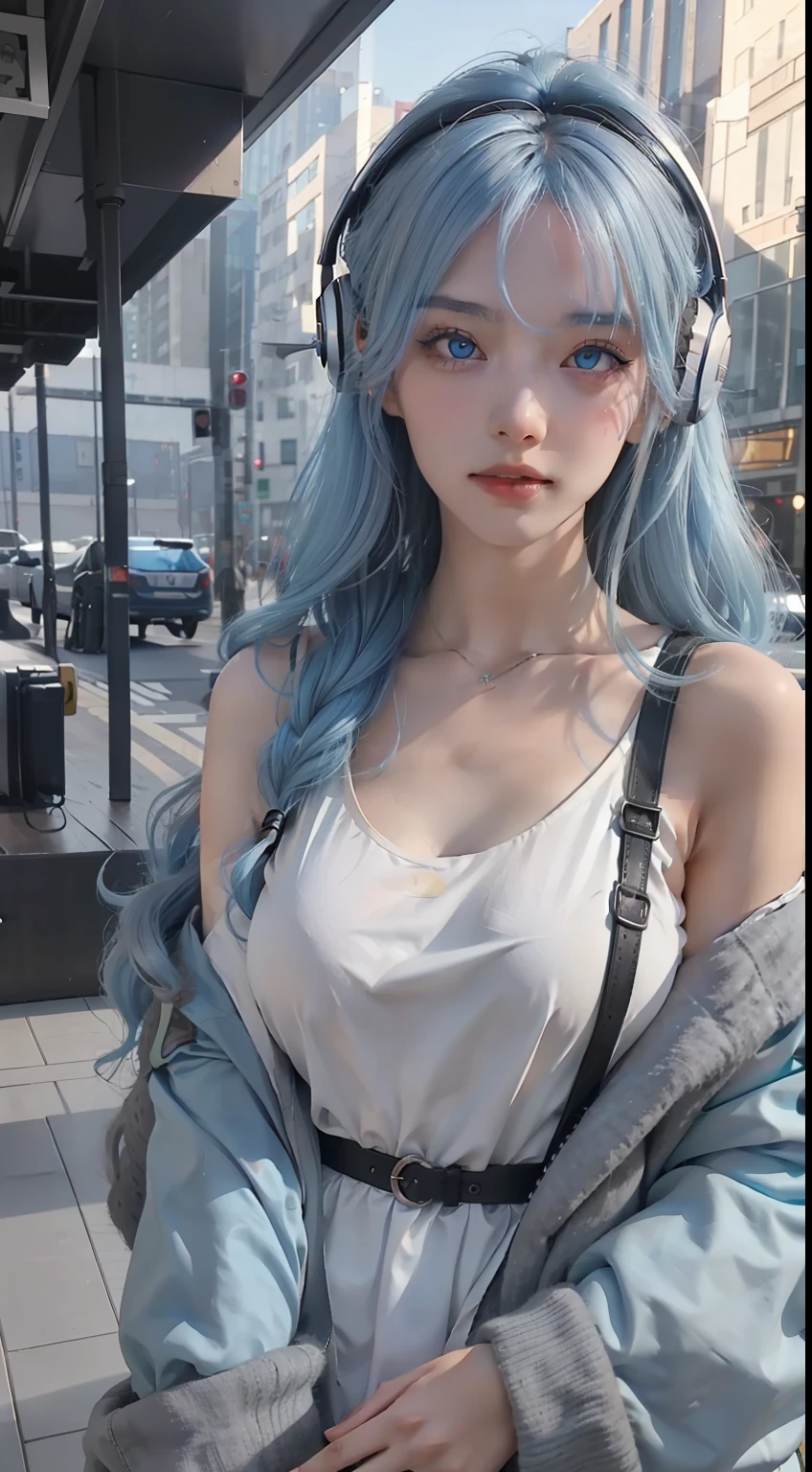 one-girl，Long light blue hair slightly curly，lewd poses，High temperament and coldness，Messy long hair，blue color eyes，Long white eyelashes，Bring headphones，The mouth is closed，No teeth exposed，Rainbow，cyber punk perssonage，The environment is simple，Meticulous facial features，8K，hyper HD，the detail（1：2），cinematric light，warm lights，looking at viewert，鎖骨，Shoulders exposed，Blackn clothes，复杂，Rich in graphics，mizore，真实感