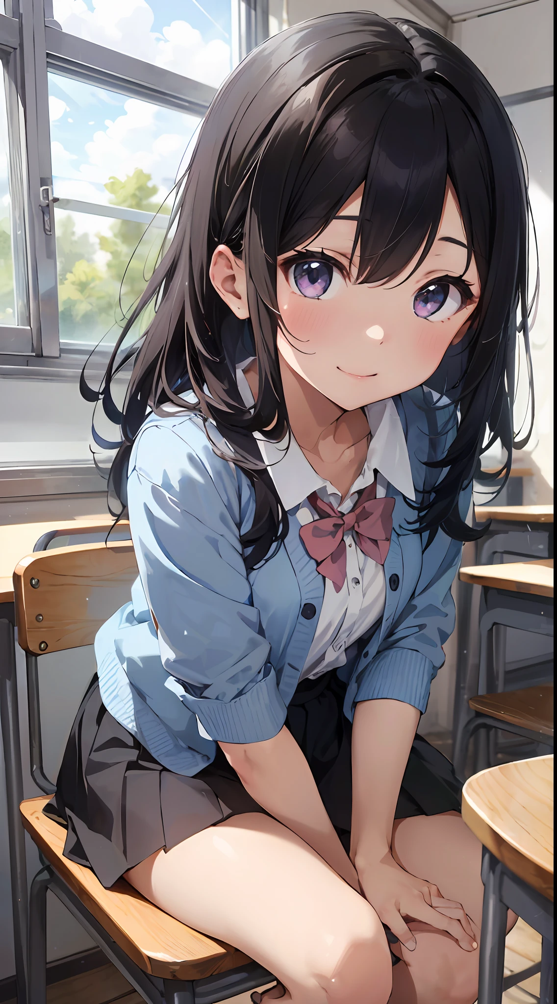 Masterpiece to the smallest detail、top-quality、realisitic、1girl in、独奏、18year old、Looks like 、140cm petite beautiful girl、small tits、5 year old baby face、Silky hair、Gradient bob in the forward、Pink and violet mesh、Tall, big eyes、Outstanding looks、A lovely child、proximity、closed_mouth、a smile、red blush、full of shyness、blue headwear、Hats、pink bowtie、校服、 Blue Blazer、blazers、Pretz skirt、grey skirt、Silk blouse、White blouses、an legs、Black socks、sitting on、Classroom、hair_ornament、looking_at_viewer、beatiful detailed eyes、Realistic eyes、panties on、unclear、Professional effects、unclear、Enhanced elegance、Innocent、wretched、maidennurse