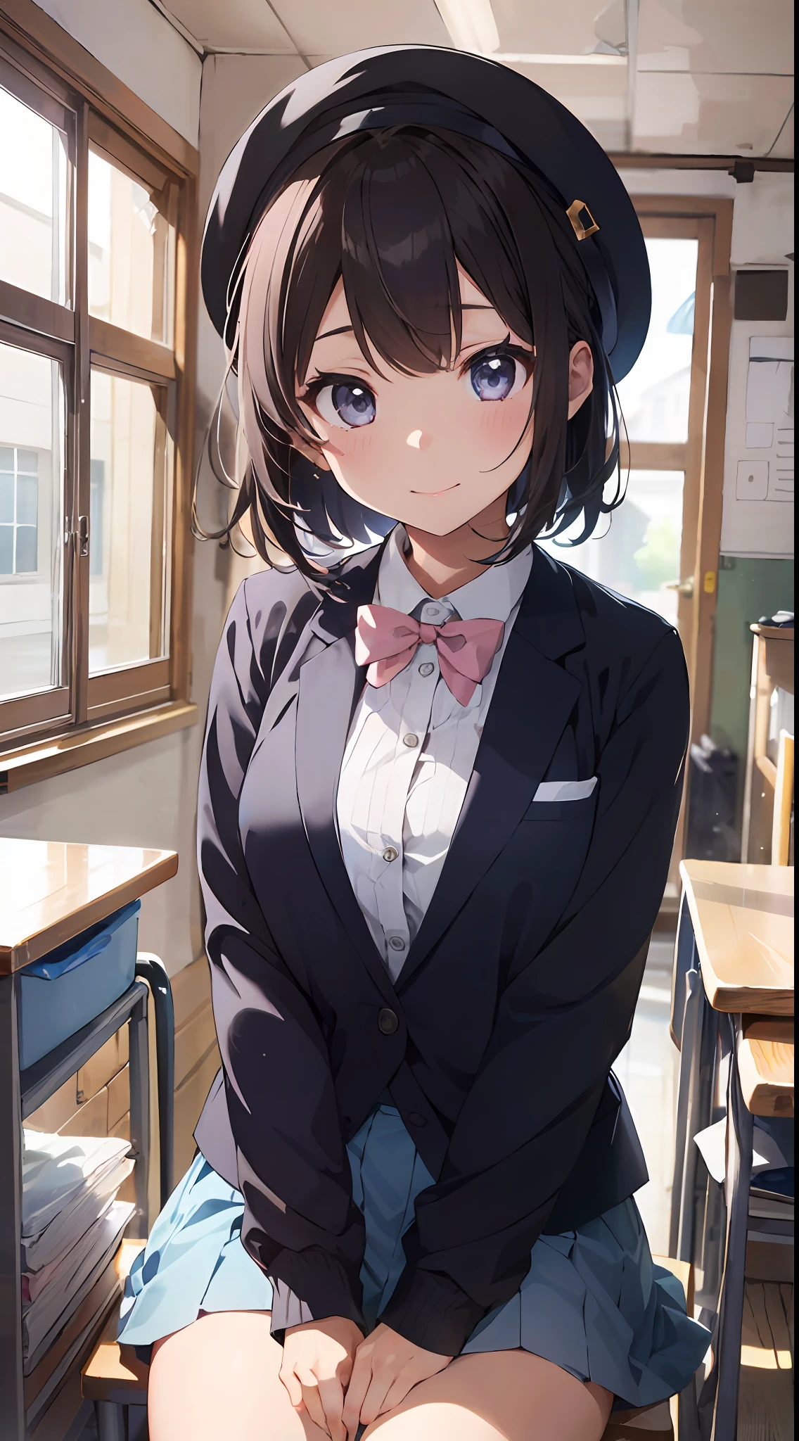 Masterpiece to the smallest detail、top-quality、realisitic、1girl in、独奏、18year old、Looks like 5 years old、140cm petite beautiful girl、small tits、5 year old baby face、Silky hair、Gradient bob in the forward、Pink and violet mesh、Tall, big eyes、Outstanding looks、A lovely child、proximity、closed_mouth、a smile、red blush、full of shyness、blue headwear、Hats、pink bowtie、校服、 Blue Blazer、blazers、Pretz skirt、grey skirt、Silk blouse、White blouses、an legs、Black socks、sitting on、Classroom、hair_ornament、looking_at_viewer、beatiful detailed eyes、Realistic eyes、panties on、unclear、Professional effects、unclear、Enhanced elegance、Innocent、wretched、maidennurse