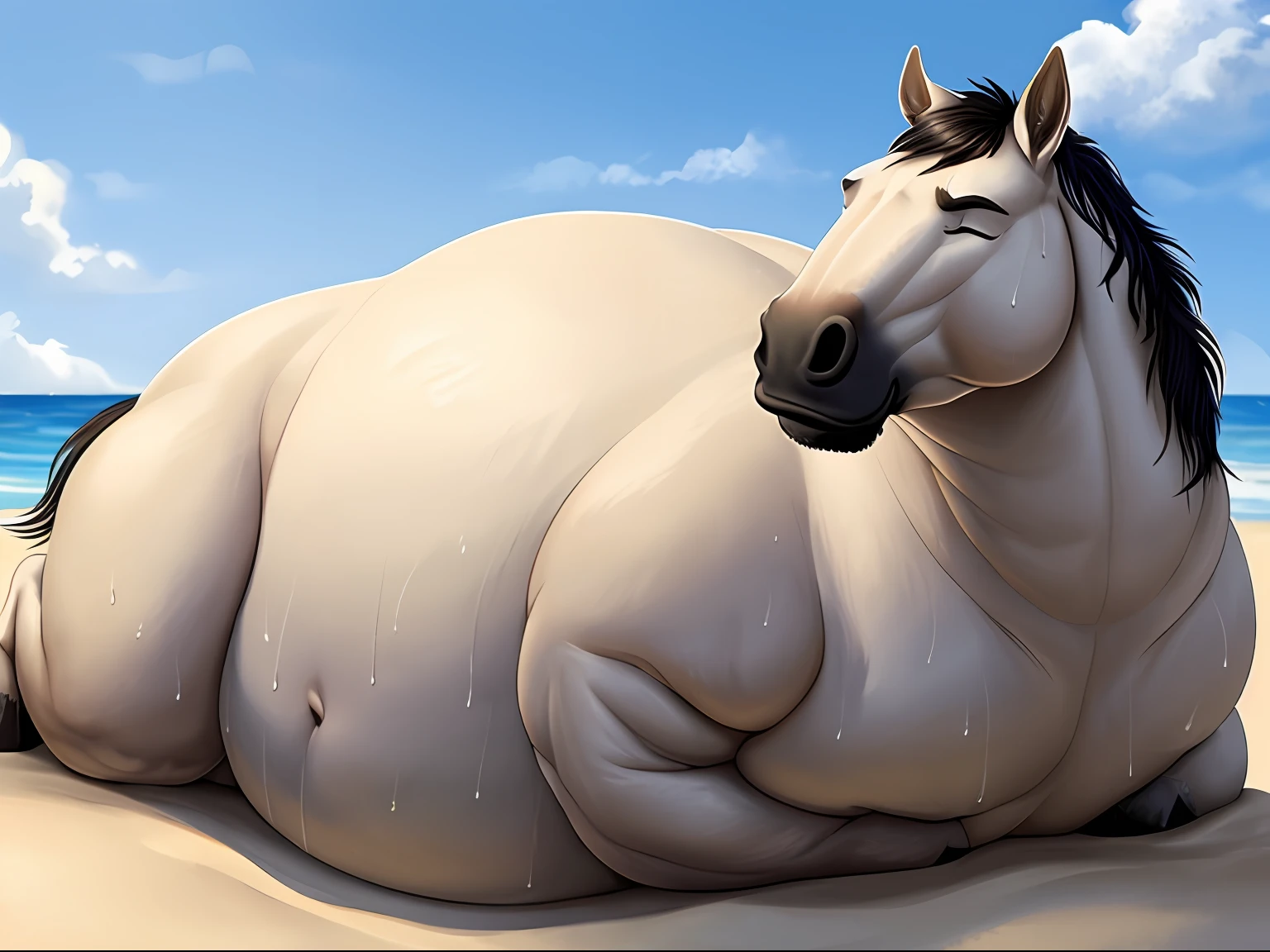 (Masterpiece, best quality, realistic:1.6), feral, horse, male, sleeping - style feral, beach, sunny, expressive, male obese, (bokeh:0.6), depth of field,(horse:1), sexy look, (morbidly obese), inflated, full, blush, gigantic, chubby, obese arms, obese legs, seductive, ssbbw, hard, gigant bag, double chin, obese neck, overweight, obese ass, blob, lifting belly, inflation, morbid, ssbbw arms, ssbbw legs, ssbbw chubby neck, obese face, stuffed, curvilinear, bbw,(bhm),((sweaty)), exhausted, big overweight, fat horse feet,((perfect face)), chubby belly bags, morbid, monster, obese face, obese neck, soft, round, thicc, whole obese,((Feral)), belly bed,(eyes closed)